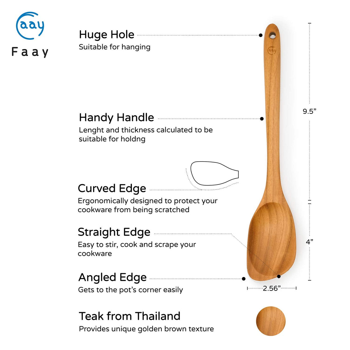 Teak Wooden Spoon for Cooking, Right Hand Corner Spoon, Nonstick Cookware