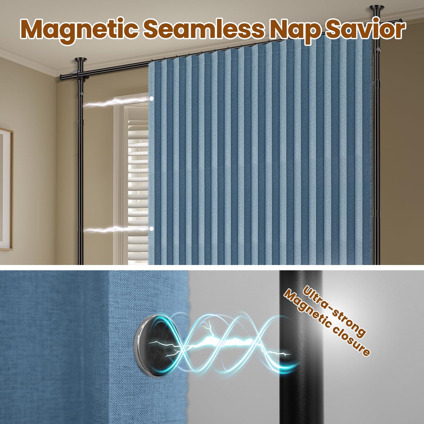 100% Blackout Room Divider Curtains Sets Blue 2 Panels W100 x L96in No Drill Curtain Rods(H) 43-120×(W) 35-200 in for Office Privacy Partition Separator