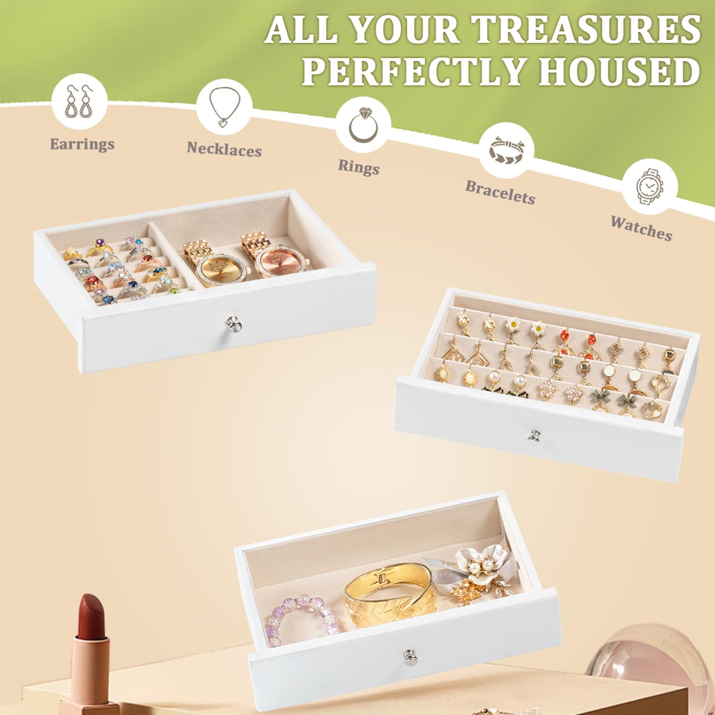 Srillollar Jewelry Box Organizer, Rustic Wooden Jewelry Boxes for Women Girls, Large Storage Earring Holder Organizer Display for Earrings Necklaces Rings Bracelets (White)