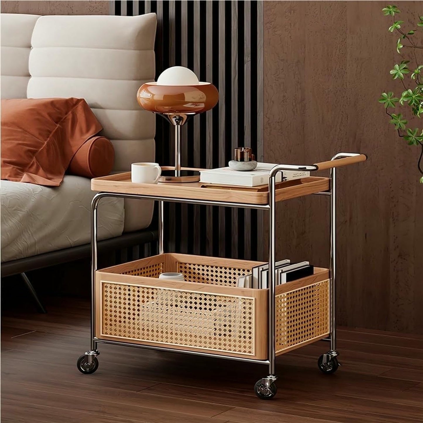 MNJVCFDS Rattan Side Table with Wheels Rolling 2-Layer Coffee Table Storage End Table Rattan Basket Wood Frame for Living Room Bedroom Long Lasting
