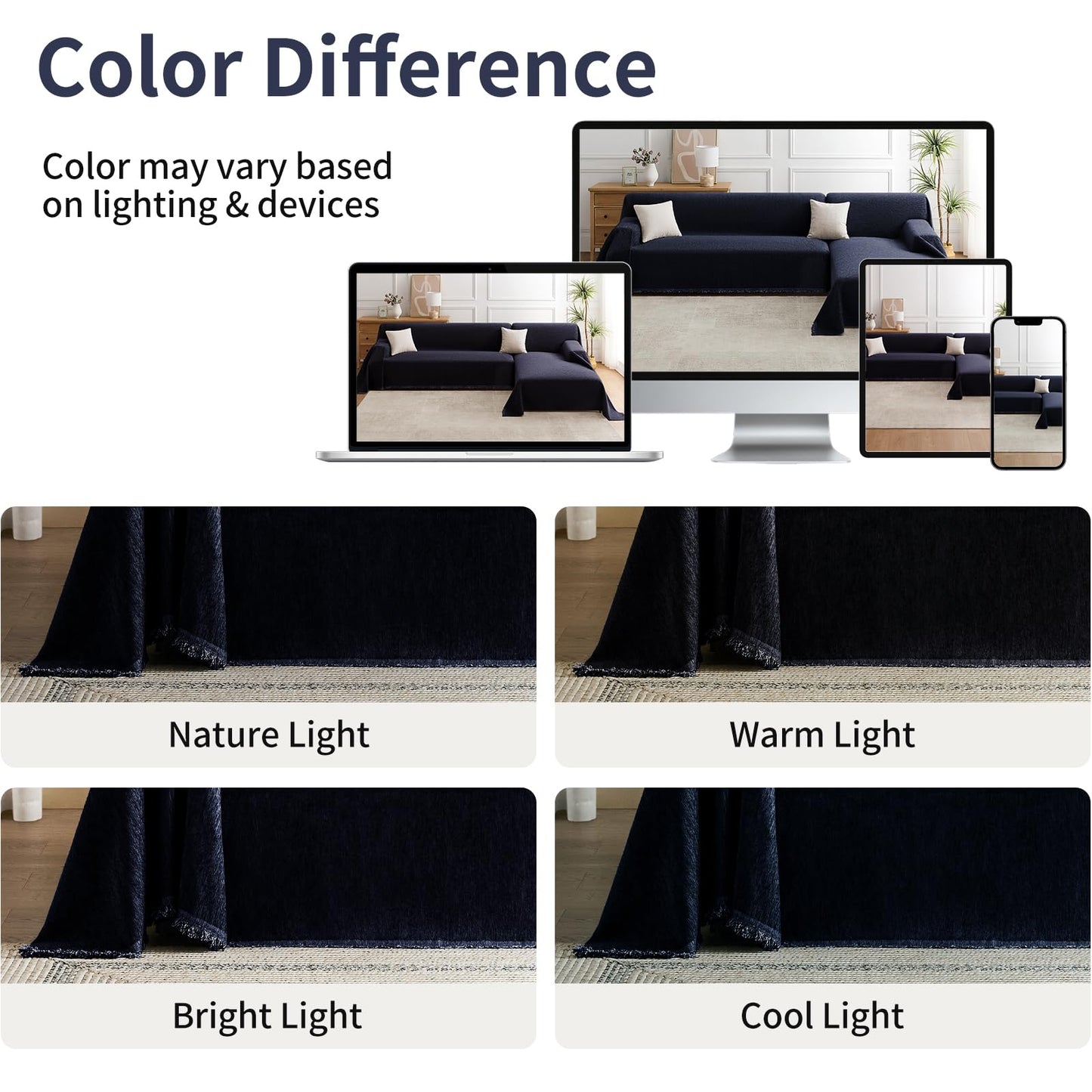Maymiss Sectional Couch Covers 2-Piece Set for L-Shaped Sofas, Pet Friendly Washable Furniture Protector, Chenille Couch Blanket Fits 2-3 Cushion Couches (71"x118"+71"x118", Navy Blue)