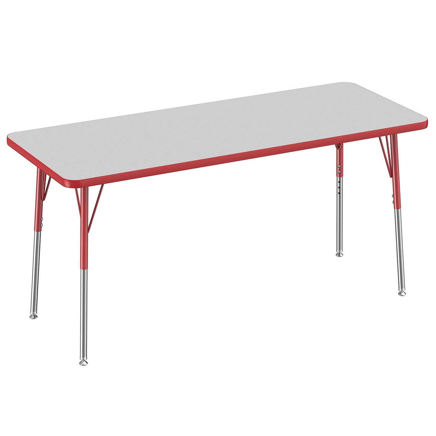 FDP Rectangle Activity School and Office Table (24 x 60 inch), Standard Legs with Swivel Glides, Adjustable Height 19-30 inches - Gray Top and Red Edge