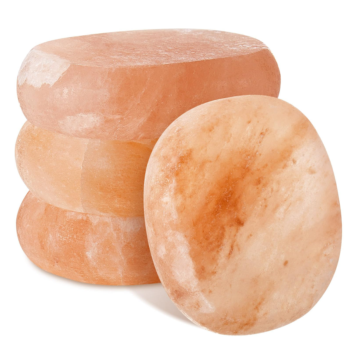 Swiffen 4 Pcs Flat Oval Massage Stone 3.5 x 1 x 2.6 Crystal Hand Carved Stone for Massages Therapy Himalayan Salt Massages Rocks Natural Pink Heated Warmer Stones for Spa Massage Salt and Sugar
