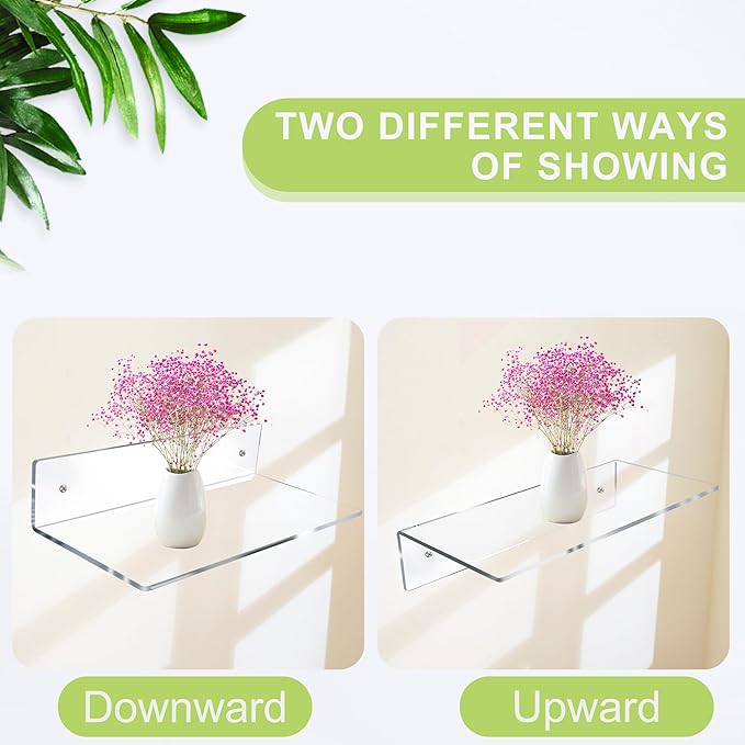 Jansburg 12 Inch L-Shaped Acrylic Floating Shelf Clear Wall Mounted Shelves