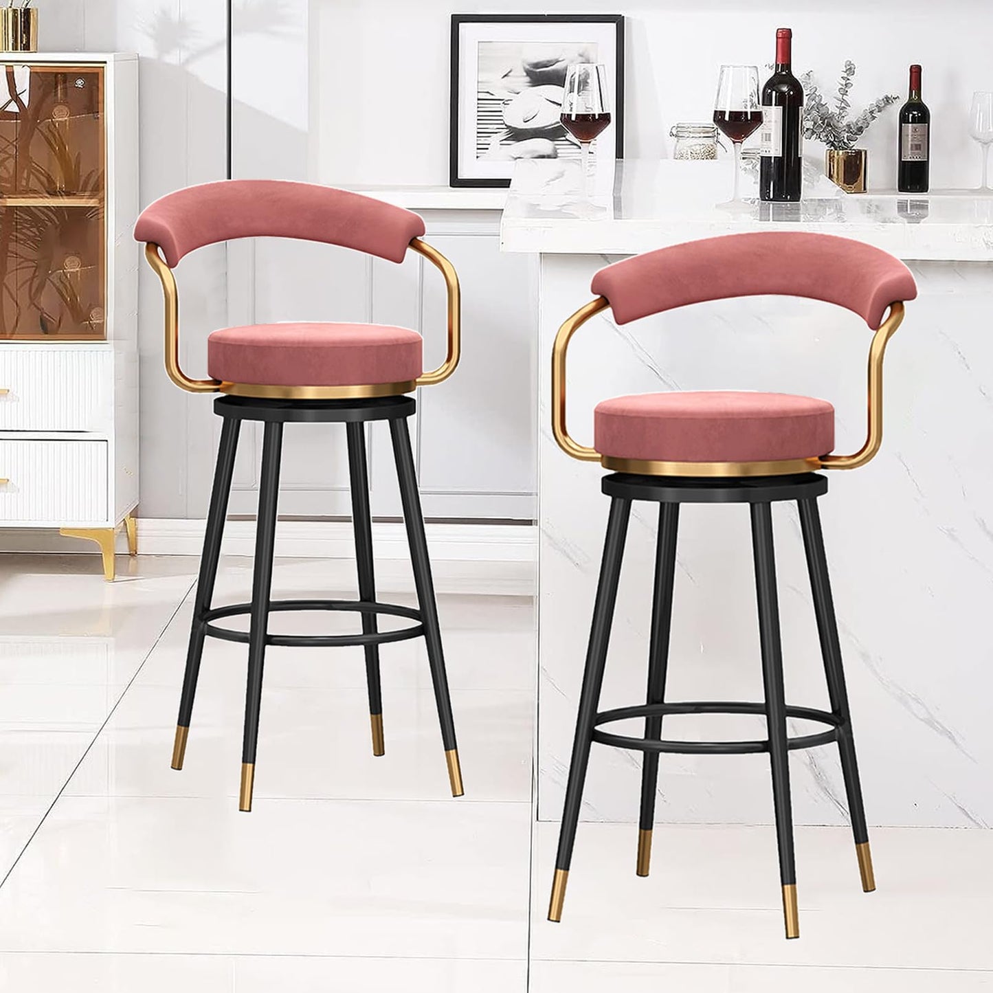 Tall Stools of 2, Height stools with Hollow Back, Velvet Swivel Chairs, Black Metal Legs, Kitchen Island Stools, Seat 65cm, Blue (Pink Seat Height 65cm)
