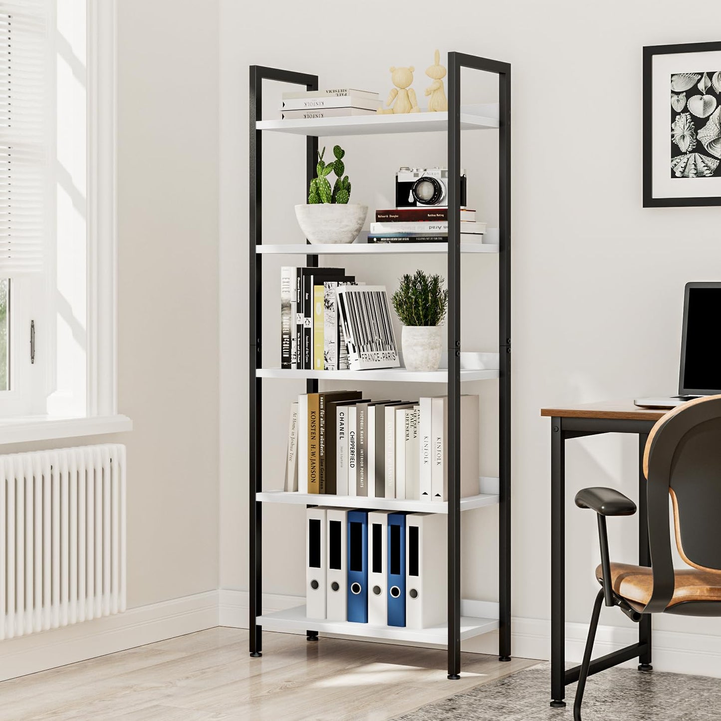 NUMENN Bookshelf, 5 Tier Bookshelves, Home Office Bookcase Shelf Storage Organizer, Free Standing Storage Shelving Unit for Bedroom, Living Room and Home Office, White&Black