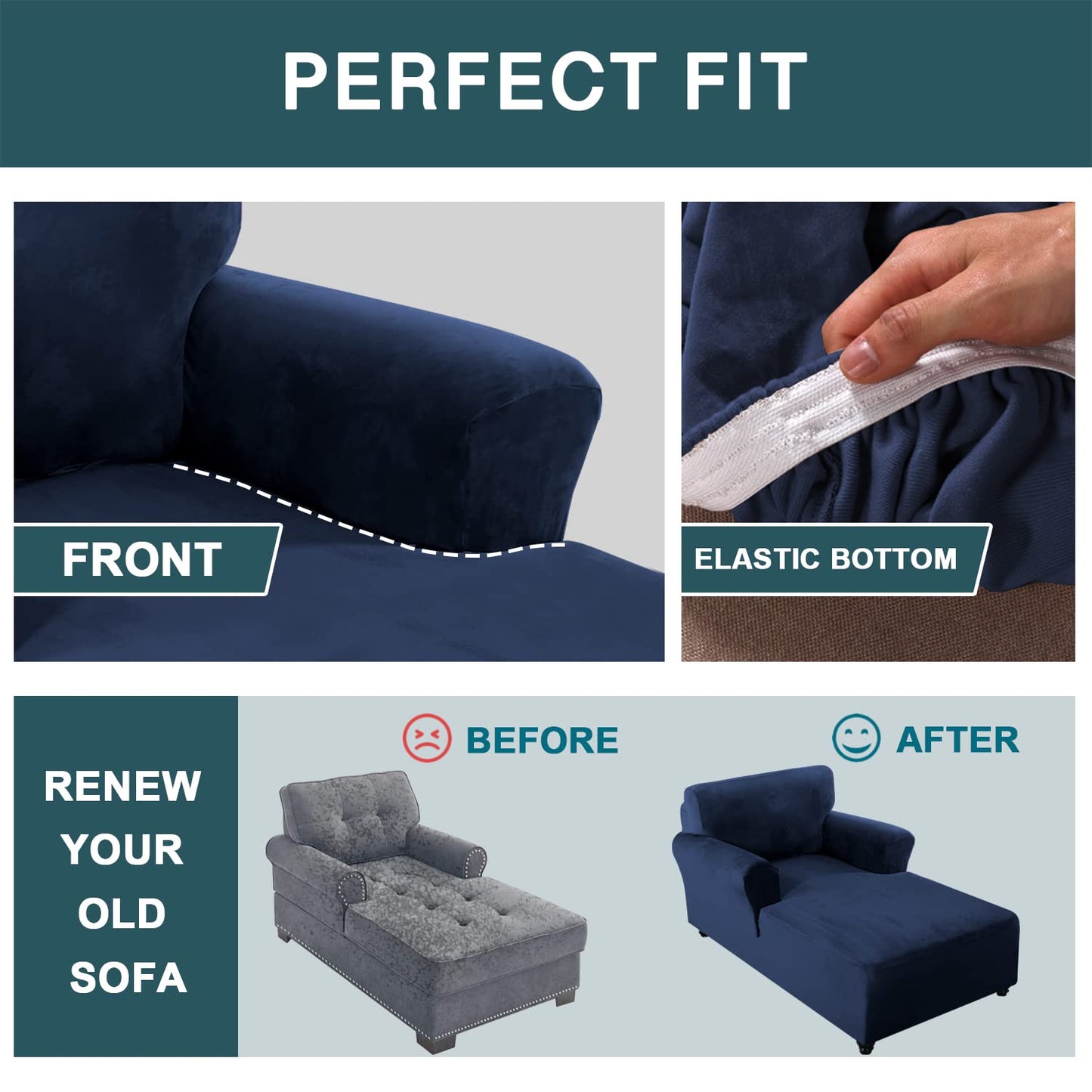 FantasDecor Velvet Chaise Lounge Cover Stretch Double Arm Chair Slipcover for Living Room Bedroom Soft Plush Fabric Machine Washable, Navy