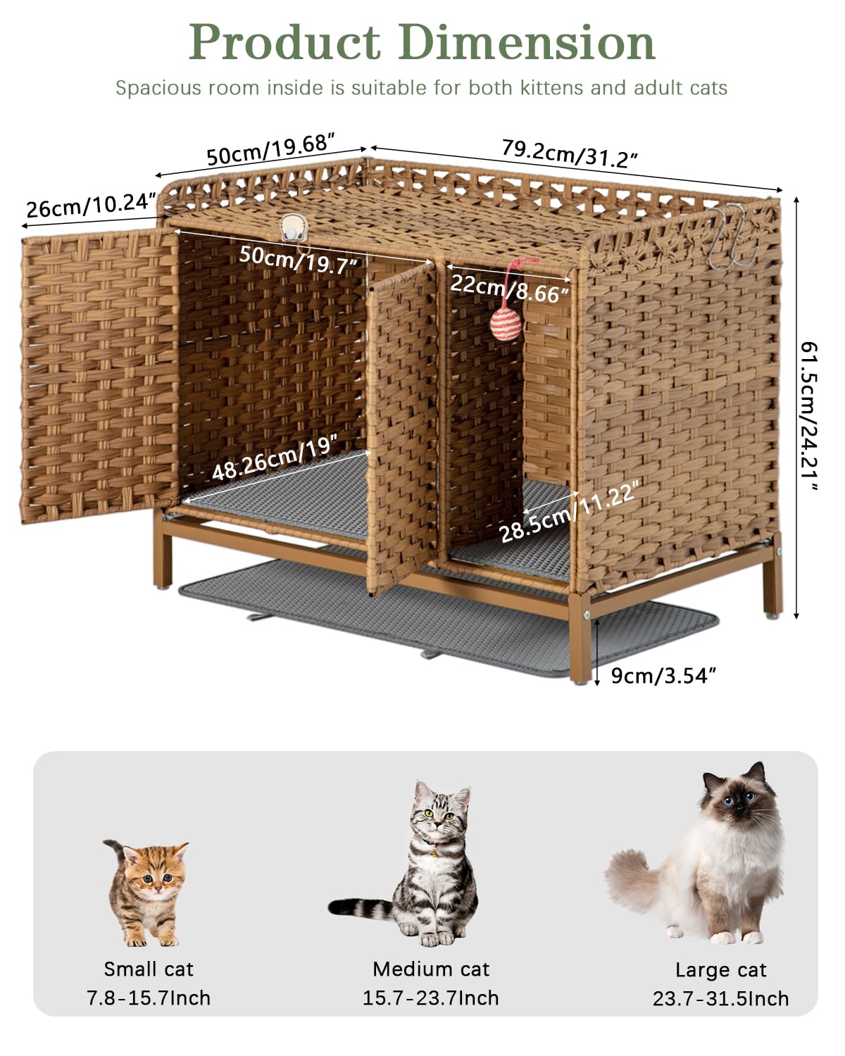 SETVSON Cat Litter Box Enclosure Furniture with Divider, Handwoven Rattan Litter Box with Mat, 31.2 x 19.6 x 24.2 Inches, Metal Heightened Feet, Hidden Cat House for Living Room, Bedroom (Natural)