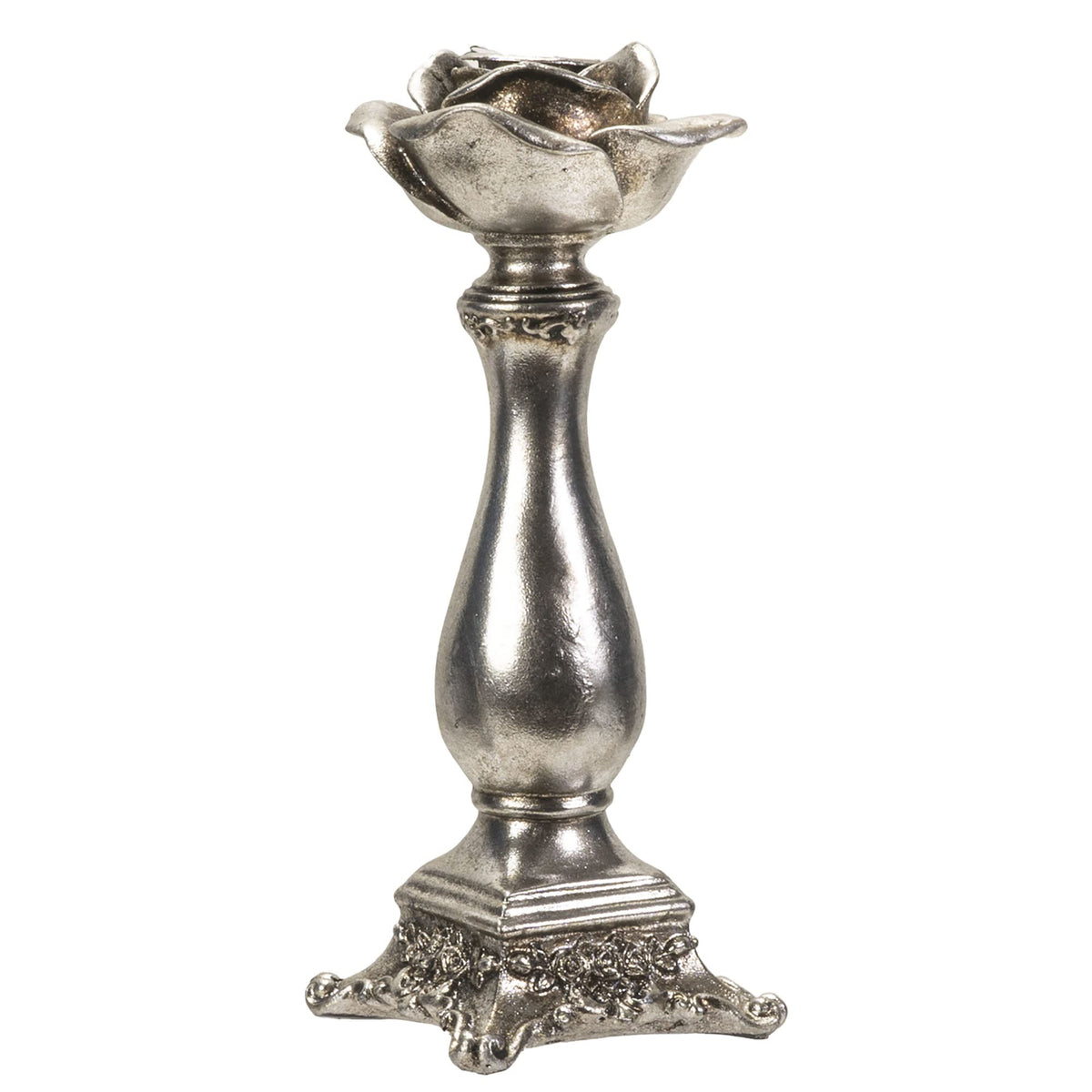 Antique Silver Rose Candle Stick Pillar Holder
