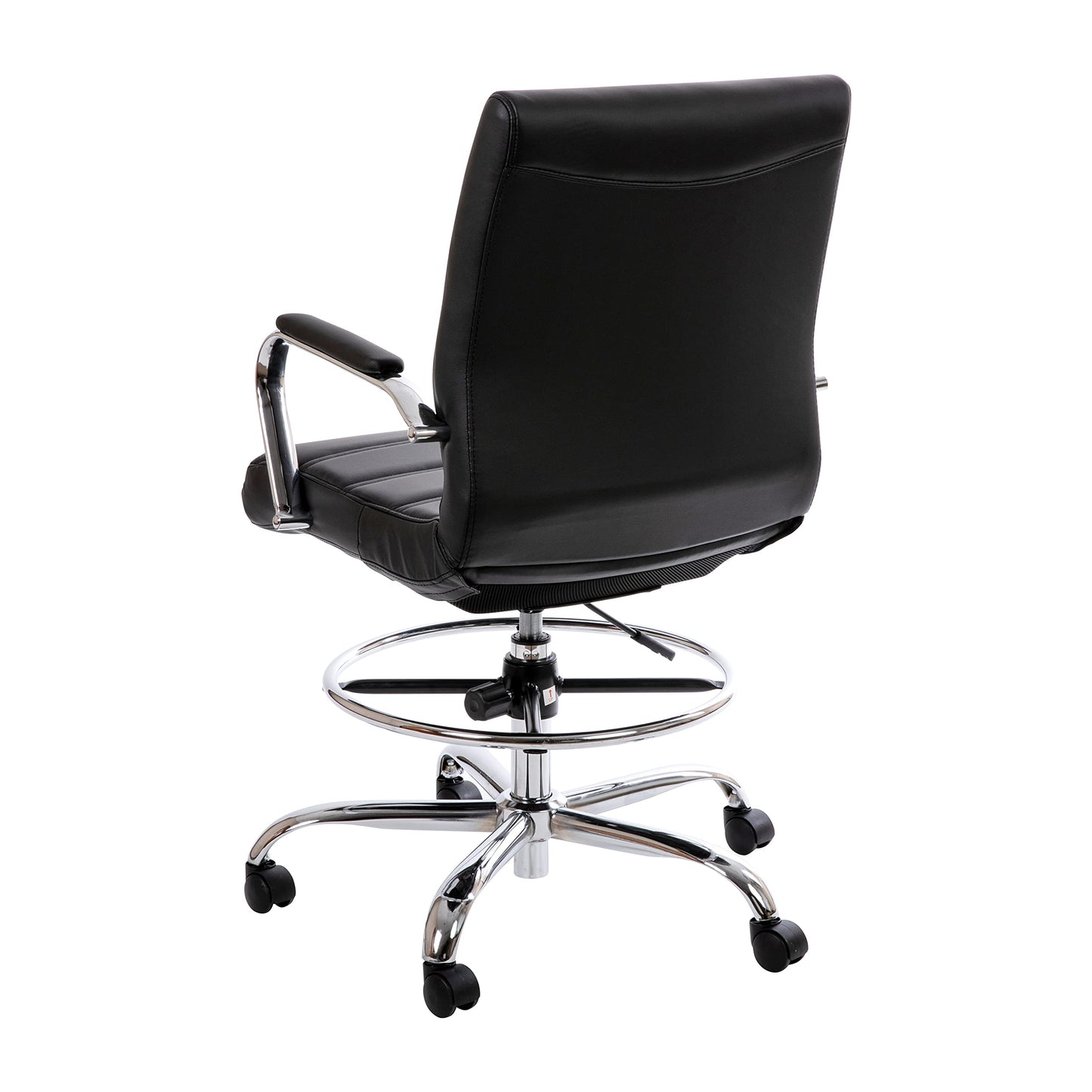 Flash Furniture Whitney Mid-Back Swivel LeatherSoft Drafting Chair with Padded Seat, Armrests, and Foot Ring, Adjustable Office Chair, Black/Chrome