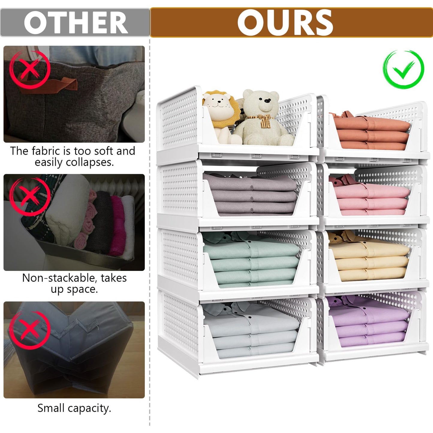 SNSLXH 5 Pack Stackable Closet Organizer Box, Multifunctional & Foldable Closet Storage Basket for Bathroom Kitchen Laundry Room Wardrobe Storage, Space-Saving Clothes Storage Drawer Organizer, Pink