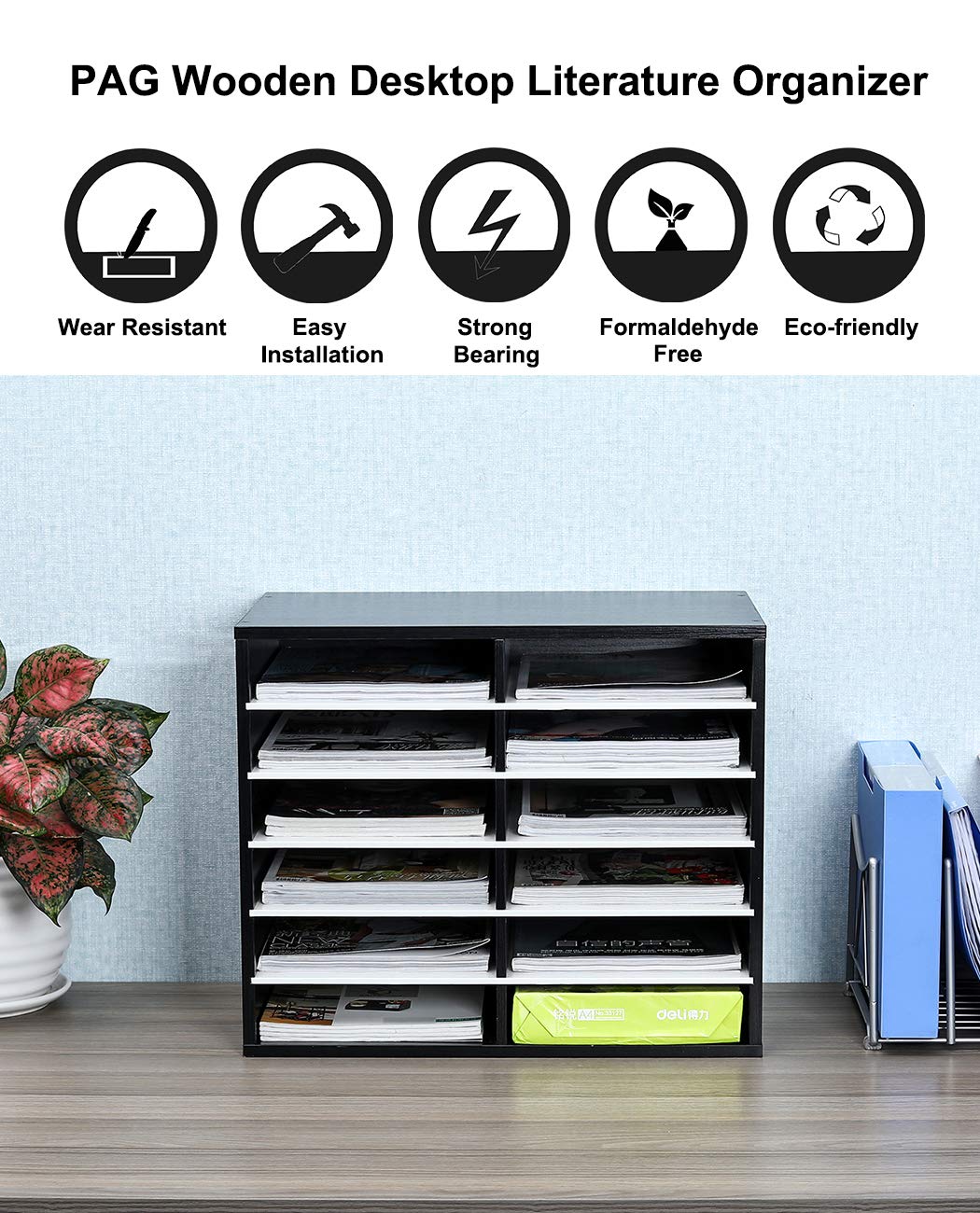 PAG Countertop Mail Sorter Organizer, Wooden Literature Organizer, Student Mailbox for Classroom, Desktop Bill Organizer for Office Home School, 12 Compartments, Black&White