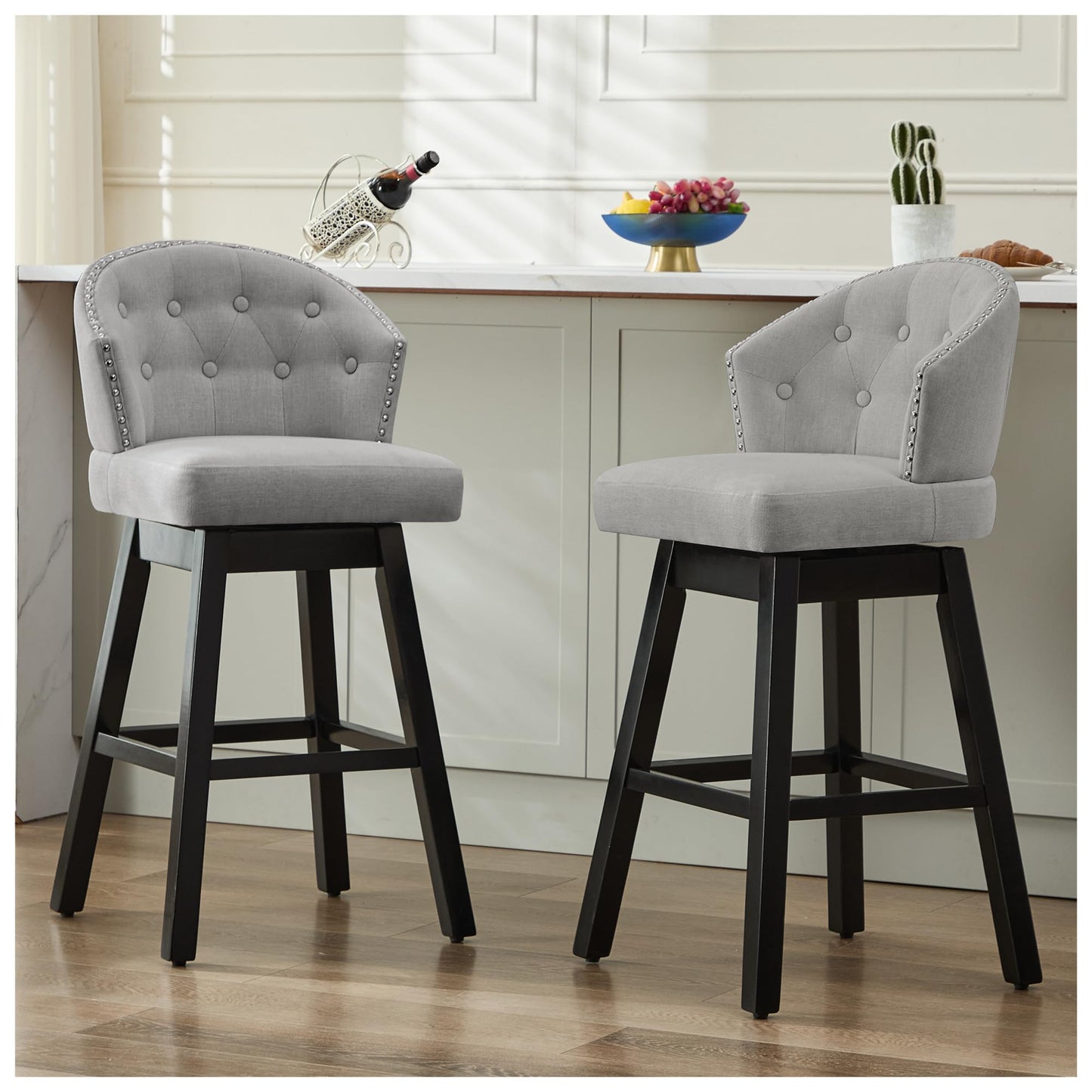 UDAX 29''Swivel Bar Stools Set of 2, Upholstered Barstools with Backs, Modern Counter Height Bar Stool Chairs for Kitchen Island, Wood Legs, Counter Stools