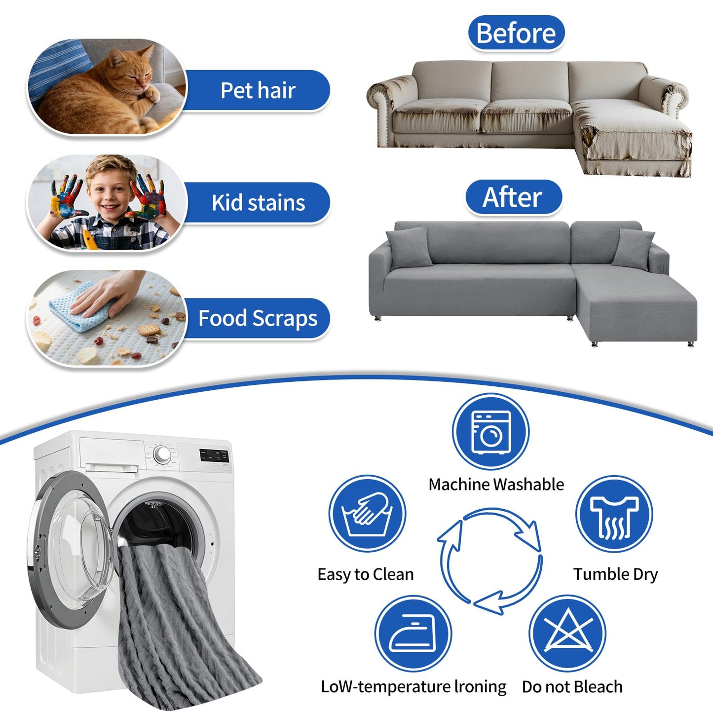 XINEAGE Sectional Couch Cover High Stretch L Shaped Sofa Cover 2 Pieces Non Slip Slipcover with Chaise Furniture Protector with 2 Pillowcases for Pets & Dogs (3 Seat Sofa + 3 Seat Chaise, Light Gray)