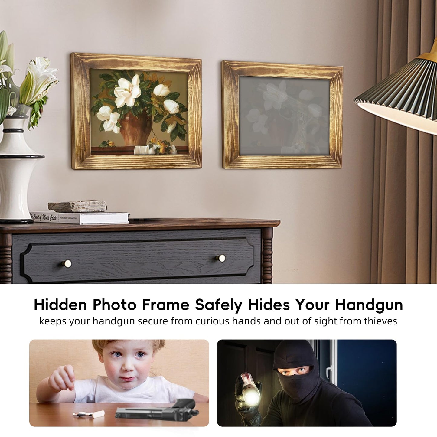 Dononr Hidden Gun Storage, Hidden Gun Safe for Pistols with Magnetic, Wooden Picture Frames for Handgun, Hidden Storage Gun Safe Home Furniture, Concealment Furniture Picture Frame Box, Rustic