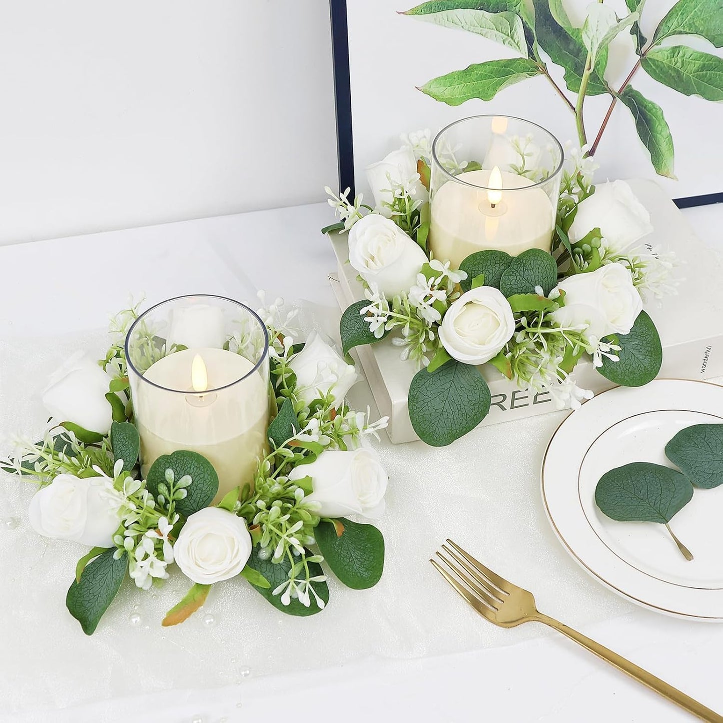 Acmee White Rose Candle Rings with Flameless Candles Sets - 24PCS Artificial Flower Eucalyptus Wedding Centerpiece 3 Inch Pillar Candleholders Wreaths for Wedding Party Decor (White - 12 Sets)