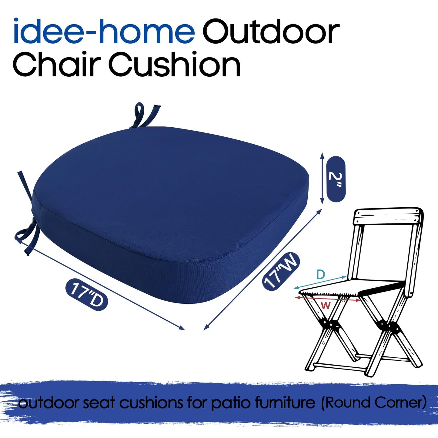 idee-home Outdoor Chair Cushions Set of 2, 17" x 17" Thick D-Shaped Patio Furniture Outdoor Seat Cushions Waterproof with Ties, Dining Pads