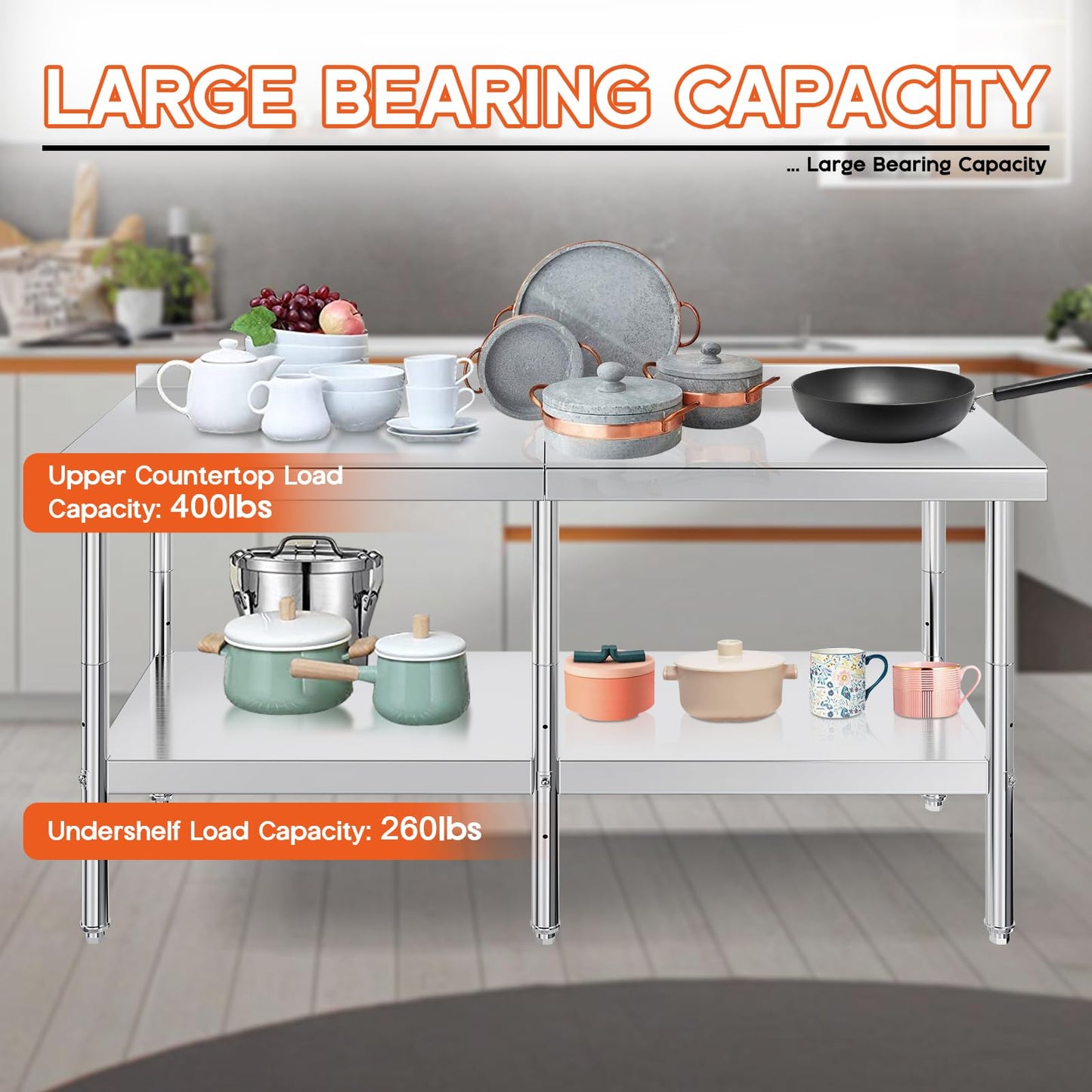 30x72in Stainless Steel Prep Table - NSF Certified Metal Surface with Adjustable Undershelf, Hooks & Backsplash for Home, Restaurant, Hotel & Garage Use