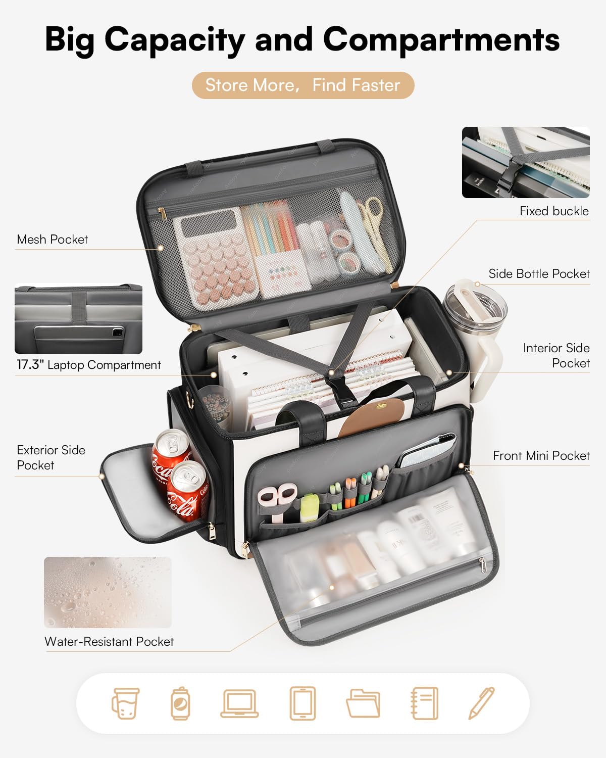 Arcoyard Rolling Teacher Bag with File Teacher Tote and Detachable Trolley, Large Rolling Bag for Work with 17.3 Inch Laptop Compartment, Work Bags for Women, Teaching, Nurse, Craft, Beige Brown