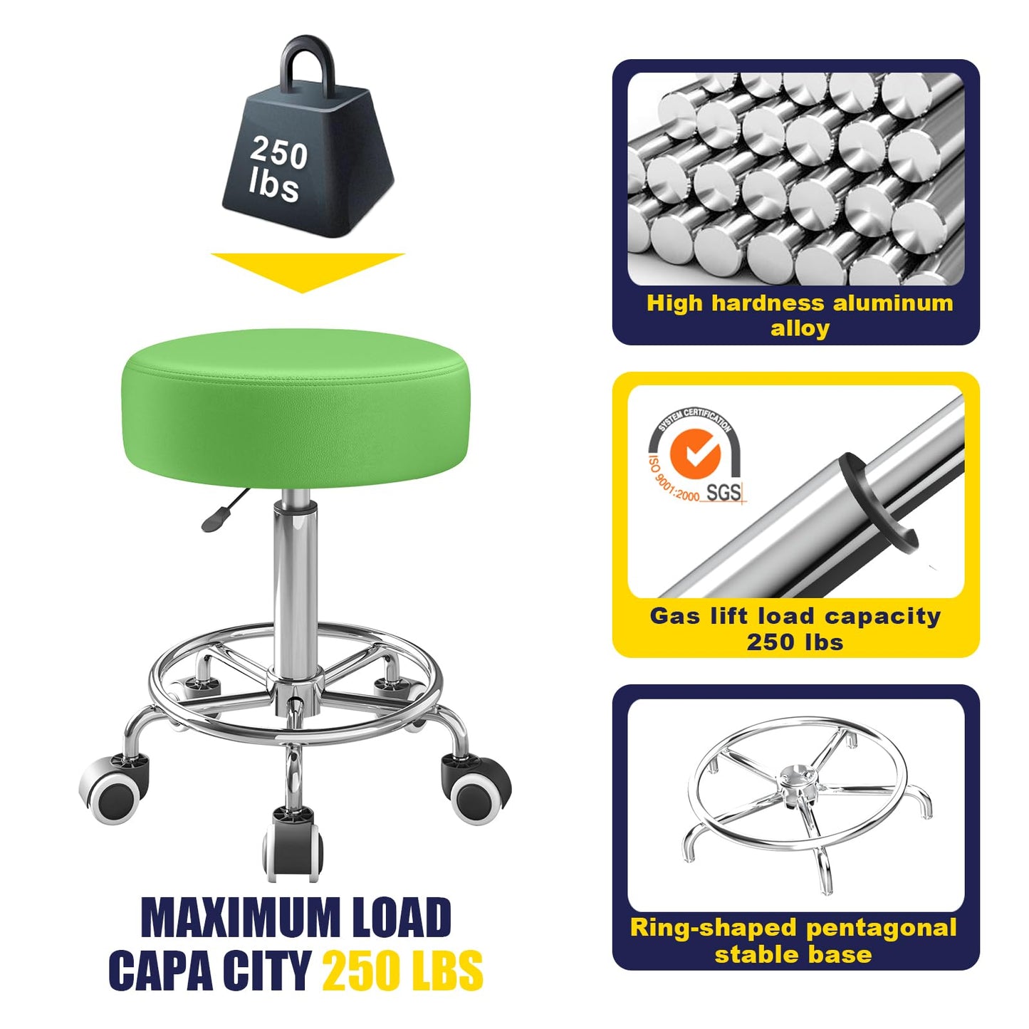 Rolling Stool, Heavy Weight Capacity 250lb, PU Leather Rolling stools, Ultra Soft Padded Seat, Rolling Stools with Wheels and Footrest, 360° Swivel, Spa Drawing Salon Work Office Tattoo Stool (Green)