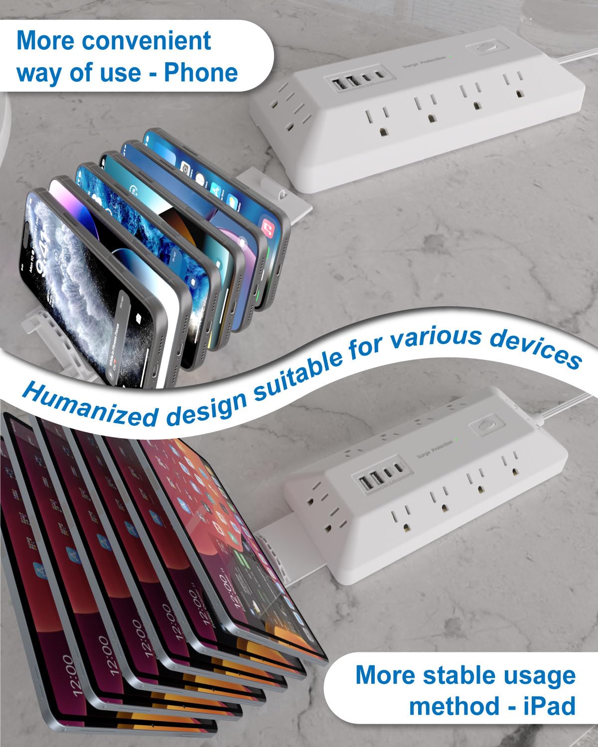VIPWELL 16 in 1 Surge Protector Power Strip with 4 USB (2 USB C) and 12 AC Outlets Extender, 6 Ft Flat Plug Extension Cord, Cable Management Outlets for Home Office and Dorm Rooms (White)