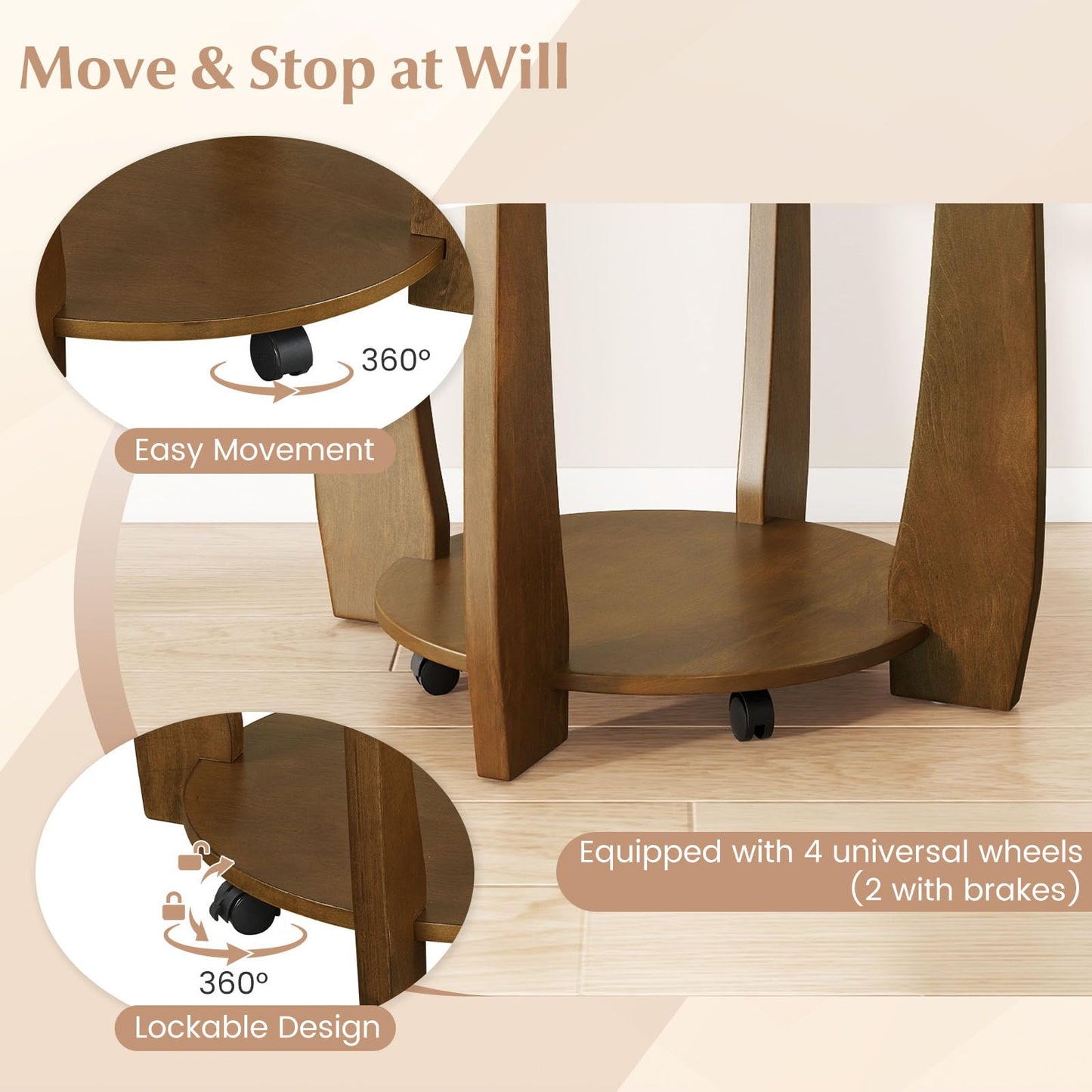 Giantex Round Glass Coffee Table, 32" Rolling Center Tables with Wheels, 2-Tier Cocktail Tea Table with Storage Shelf, Solid Rubber Wood Legs, Tempered Glass Top, Modern Living Room Tables (Walnut)