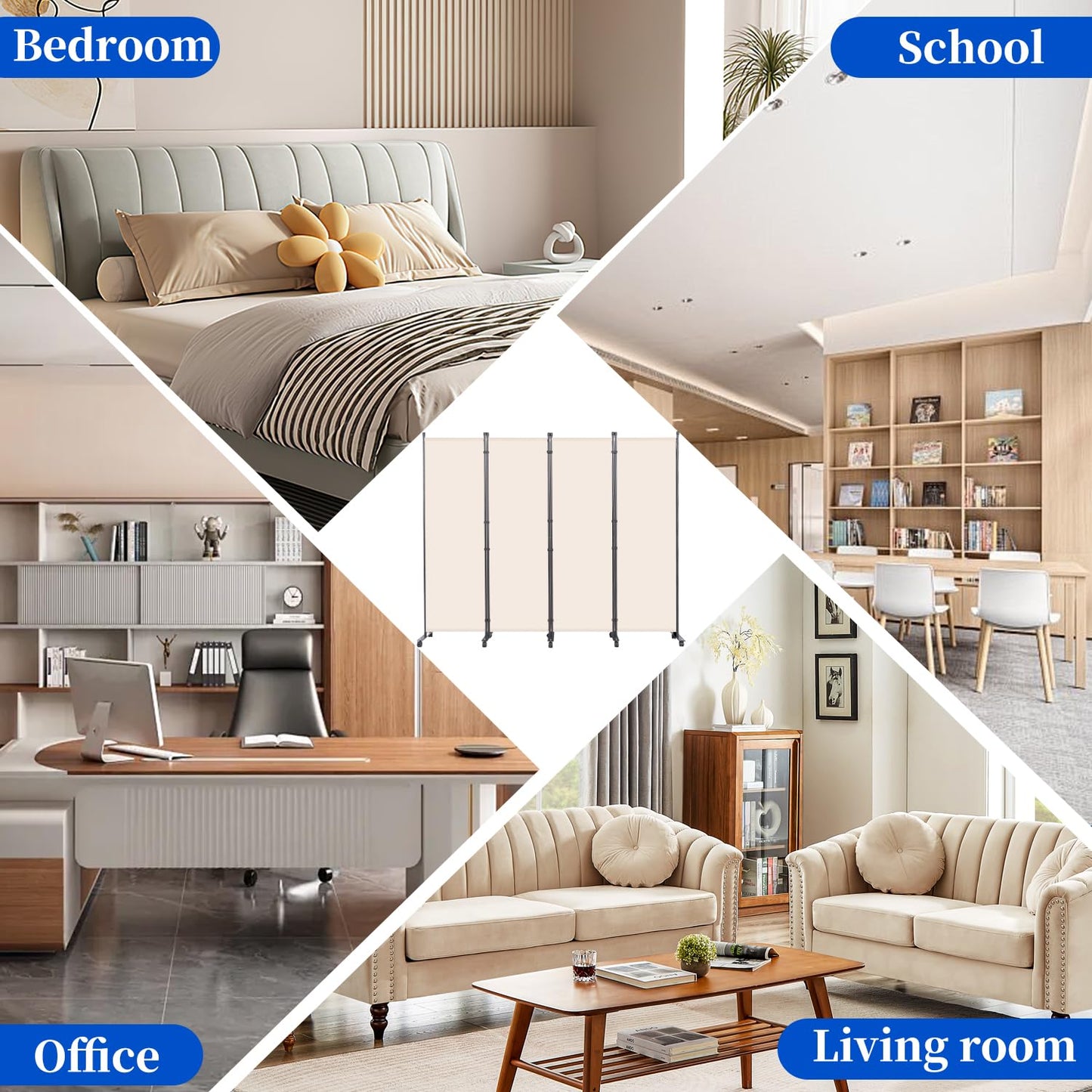 Room Divider 6FT Room Partition with Lockable Wheels, (Thicked Metal Base) Room Dividers, Freestanding Indoor Folding Privacy Screens, Portable Fabric Wall Divider for (Beige, 88"- 4 Panel)