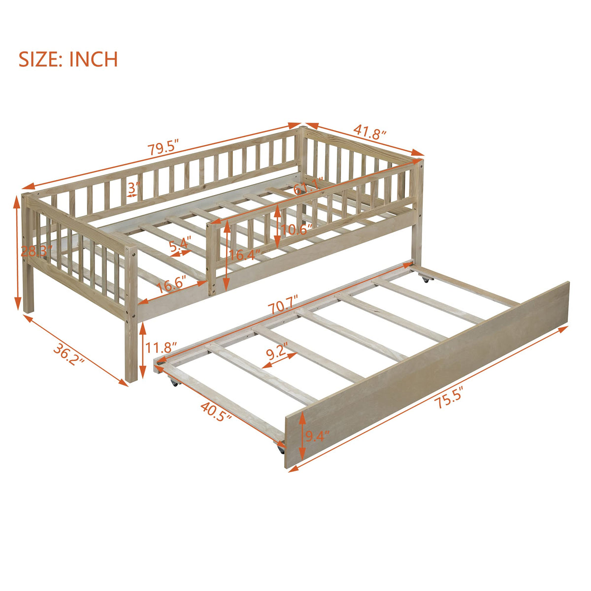 Bellemave Twin Bed Frames with Rails for Kids, Twin daybed Frame with Trundle for Boys/Girls/Adults， Natural