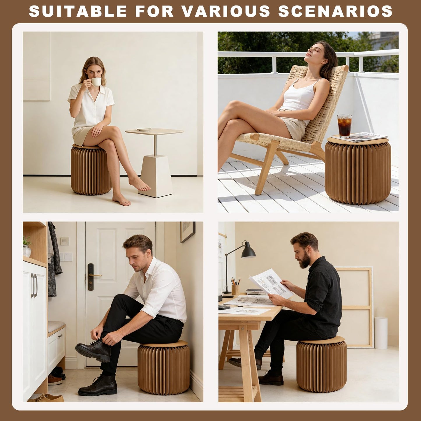HSBWOPG Foldable Stool — Paper Foldable Stool,Folding Paper Stool,(Book-Sized) ，15 Inches High ，Made from Eco-Friendly Kraft Paper ， Ideal for Home & Travel ， Supports Up to 660 lbs ， Brown
