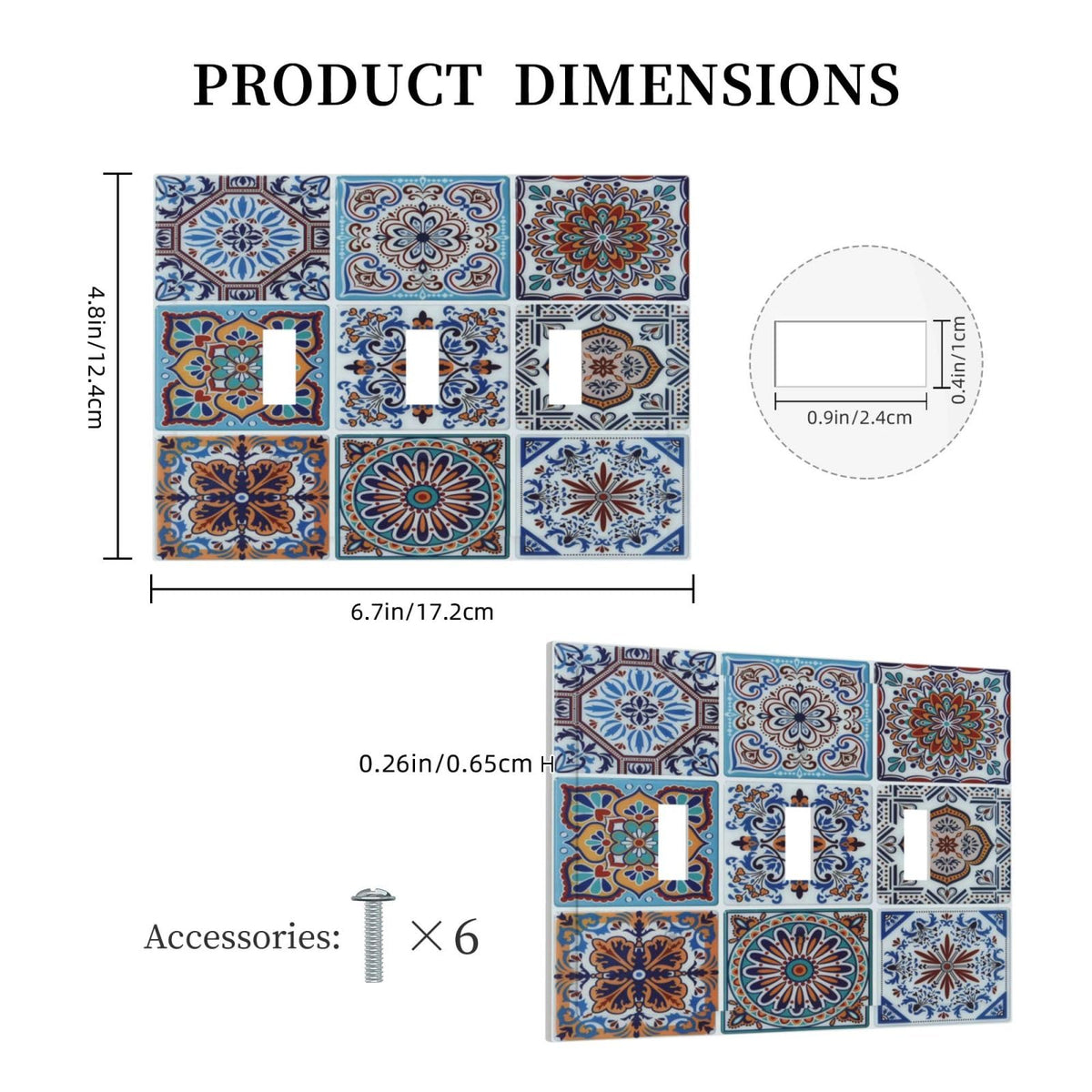 Spshian Decorative Switch Plate Covers Mexican Talavera Tile 3 Gang Light Switch Cover Blue Moroccan Style Pattern Triple Toggle Wall Plate Electrical Faceplate for Bathroom Home Kitchen Bedroom Decor