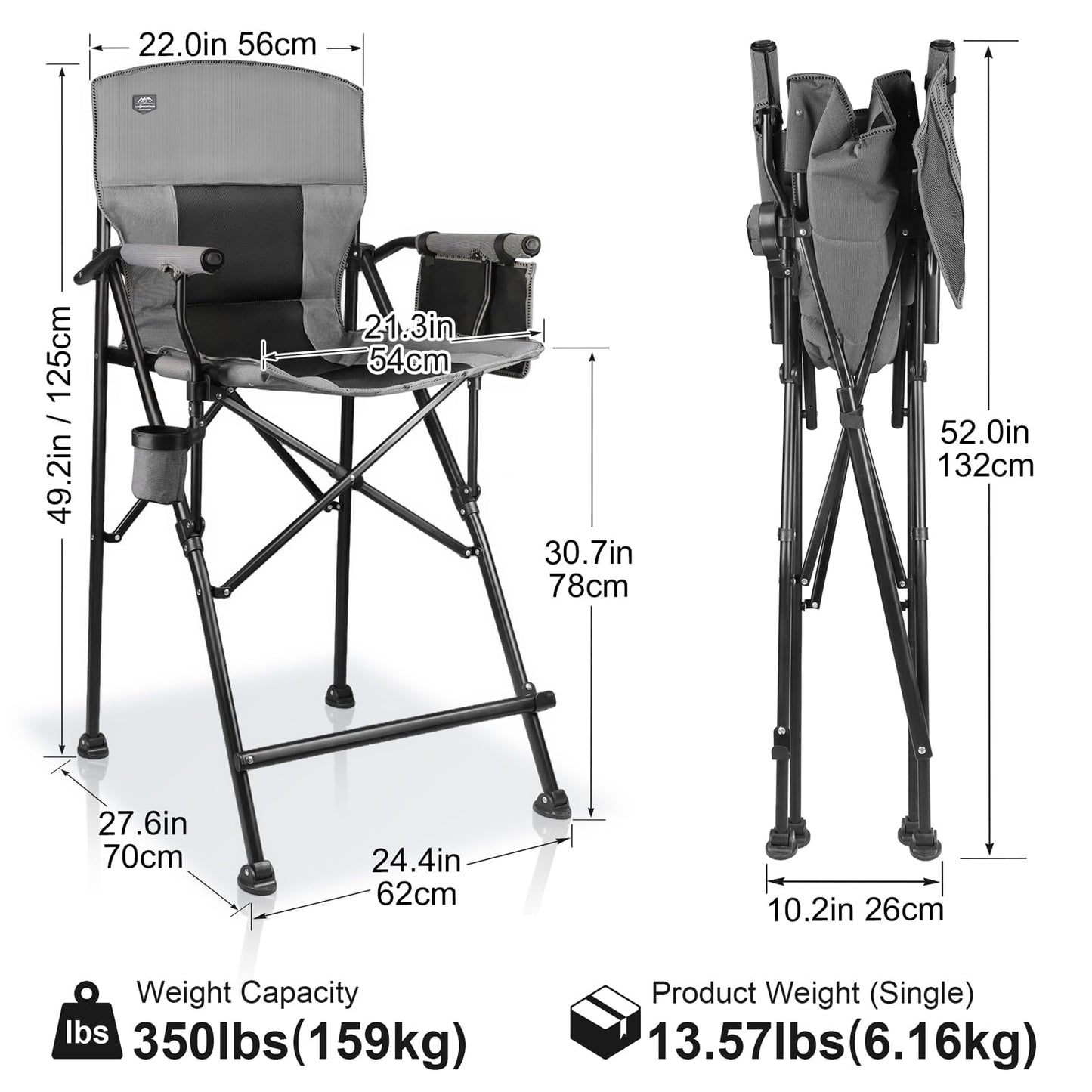 LANMONTAIN 2 Pack Tall Folding Camping Chairs,30.7'' Seat Height Portable Hard Arm Bar Chairs w/Cup Holder,Side Mesh Pocket and Footrest,Heavy Duty Support 350 Lbs Comfy Director Chairs,Black&Grey