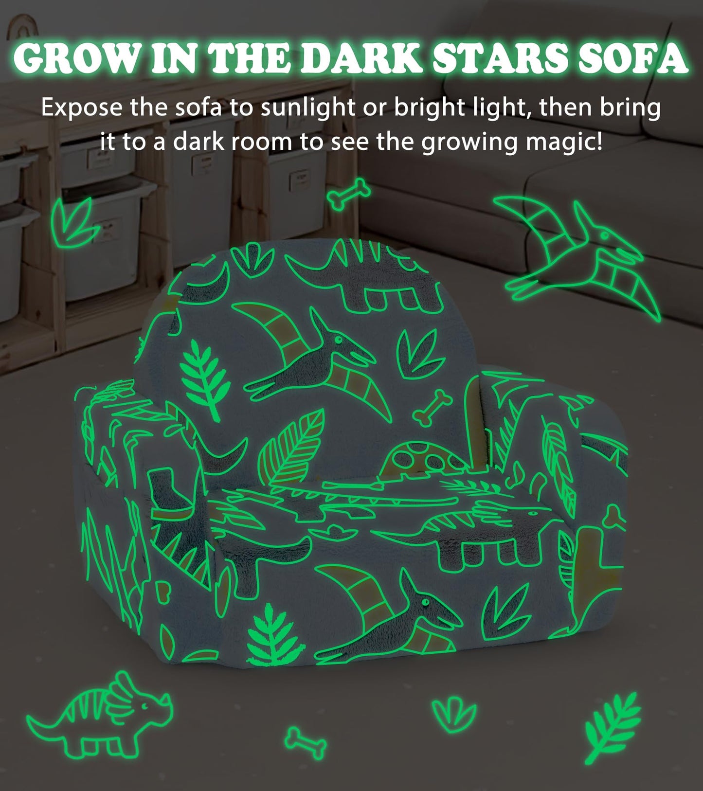 Kids Couch, 2-in-1 Soft Toddler Couch Fold Out with Blanket and Cloud Pillow, Glow in The Dark, Toddler Chair Comfy, Convertible Sofa, Gifts for Kids Girl Boys, Medium Dinosaur