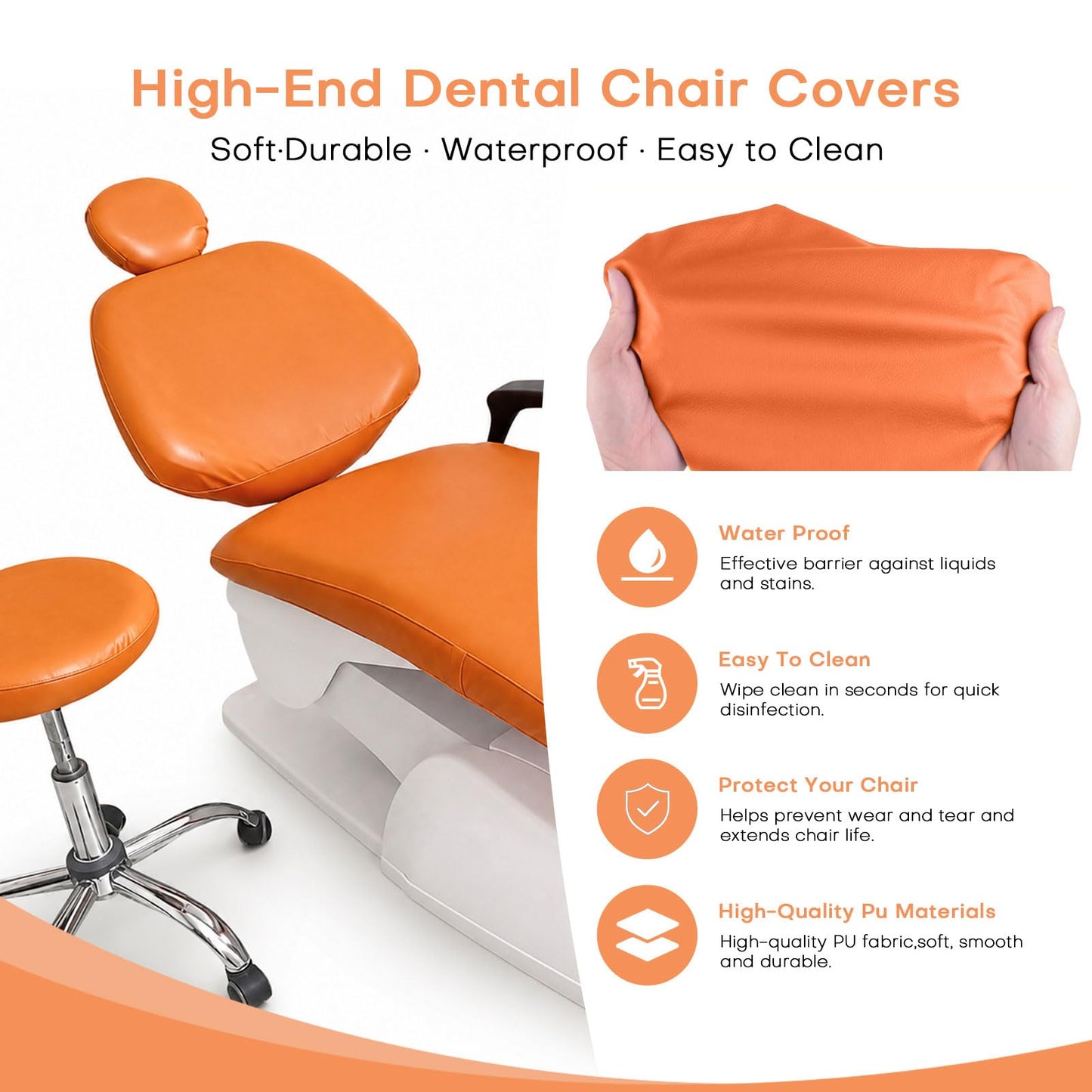 buyzg 5Pcs Dental Chair Covers Set - Waterproof & Non-Slip PU Leather Elastic Full Covers with Foot, Seat, Headrest & Backrest Protectors for Dental Clinic Chairs(Orange)