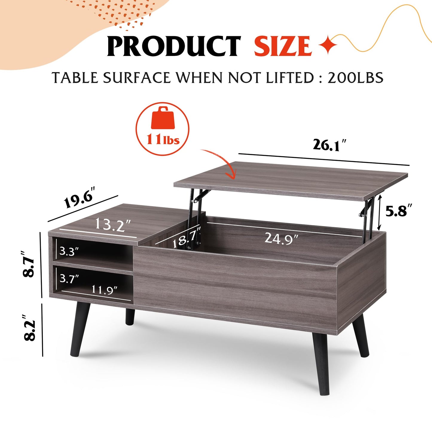 WLIVE Lift Top Coffee Table for Living Room, Small Coffee Table with Storage, Adjustable Shelf and Storage Compartment, Mid Century Modern Living Room Table, Wood, Grey