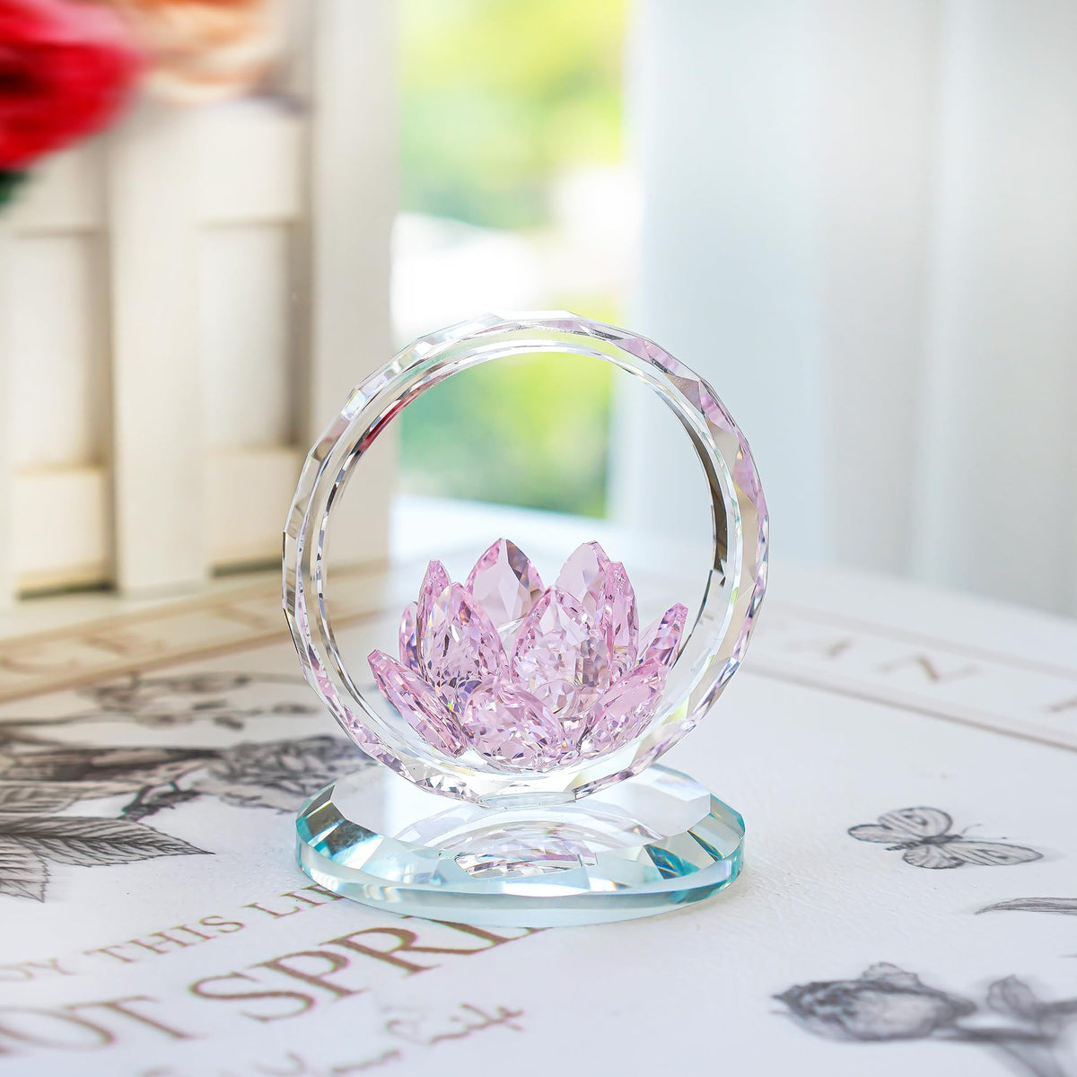 H&D HYALINE & DORA Pink Crystal Lotus Flower Basket Figurine Crystal Lotus Figurine Collectible Glass Flower Basket Ornament for Home Tabletop Centerpiece Decor