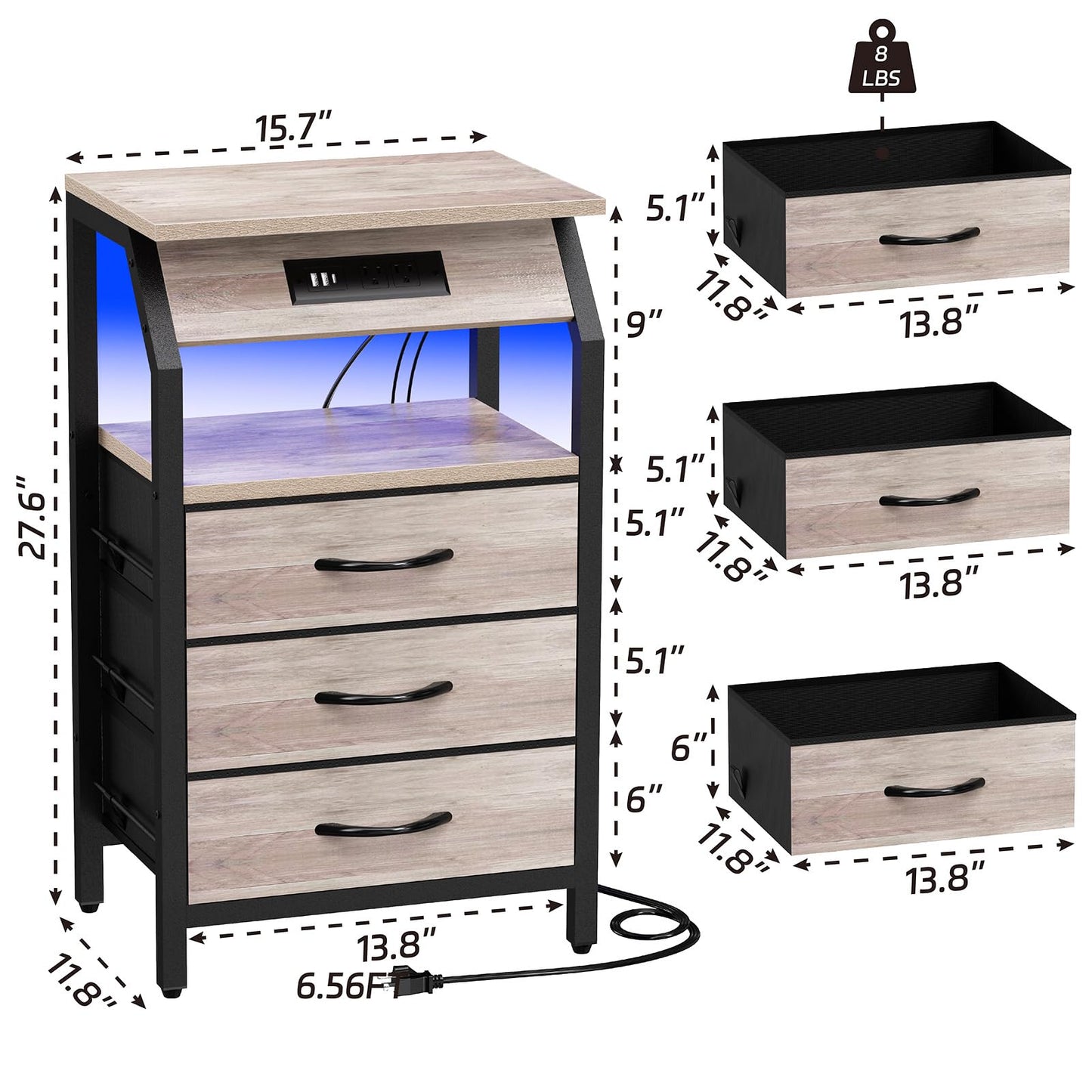 SZLHANJZ End Table with 3 Drawers, Night Stand with Charger Station and LED Lights, Small Nightstand with Fabric Storage, Farmhouse Side Table for Bedside, Living Room, Dorm, Greige