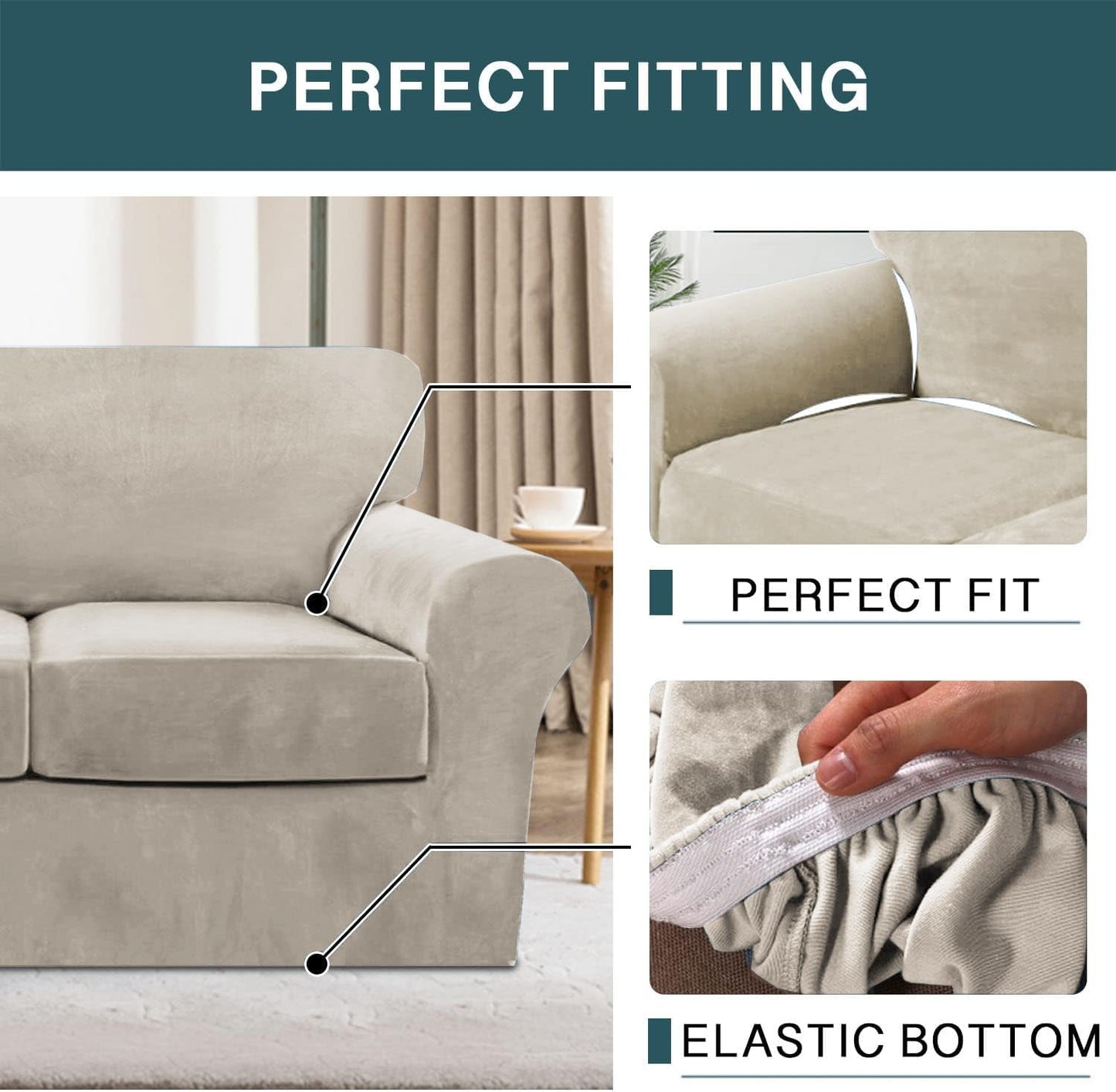 FantasDecor 3 Piece Sofa Covers Velvet for 2 Cushion Couch Stretch Loveseat Slipcover with Individual Seat Elastic Furniture Protector for Pets (Loveseat,French Oak)