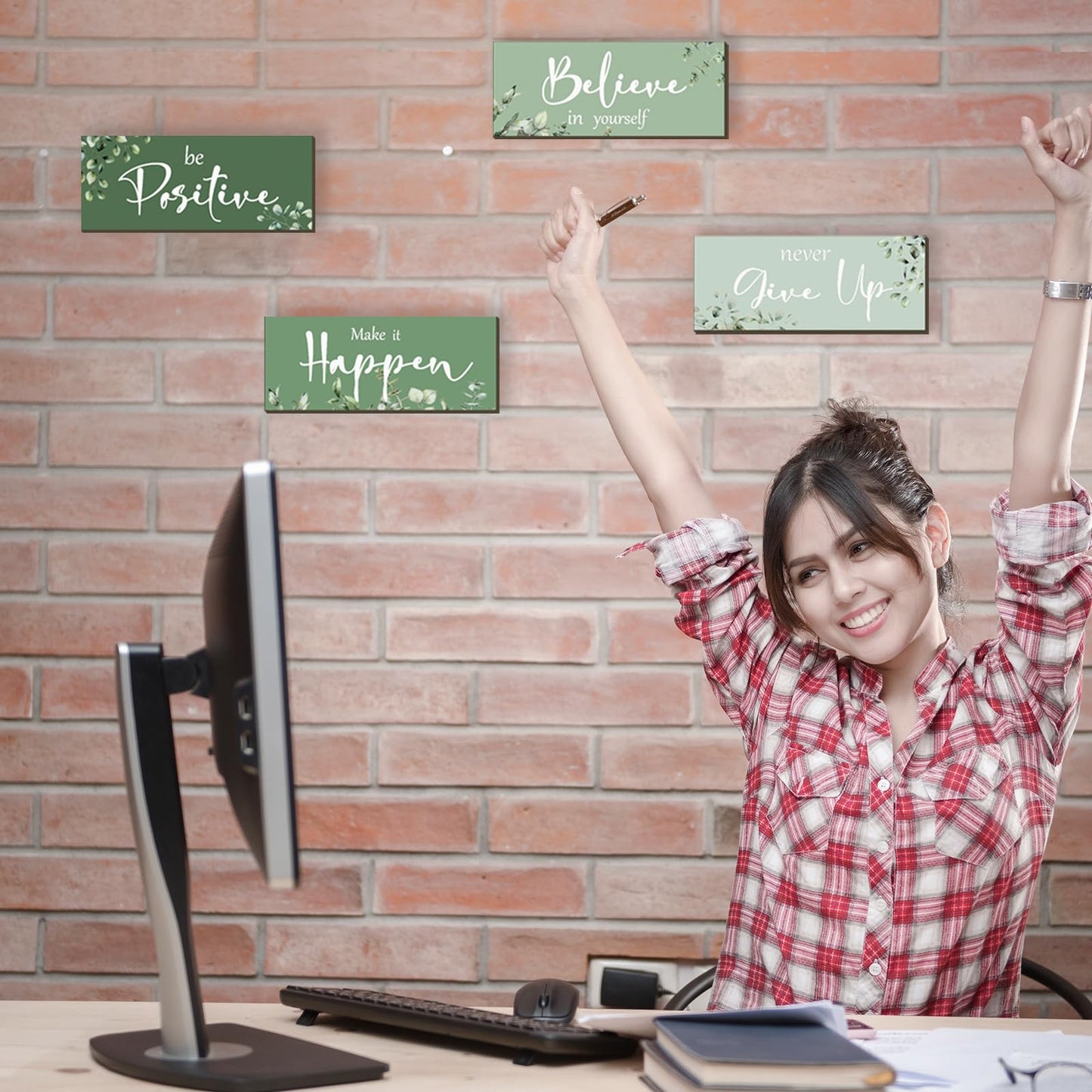 FENCORDAR 4 Pcs Green Office Decor For Women Motivational Wall Decor Inspirational Green Office Wall Decor With Positive Sayings Wooden Hangings for Home Bathroom Bedroom Kitchen(10x4")