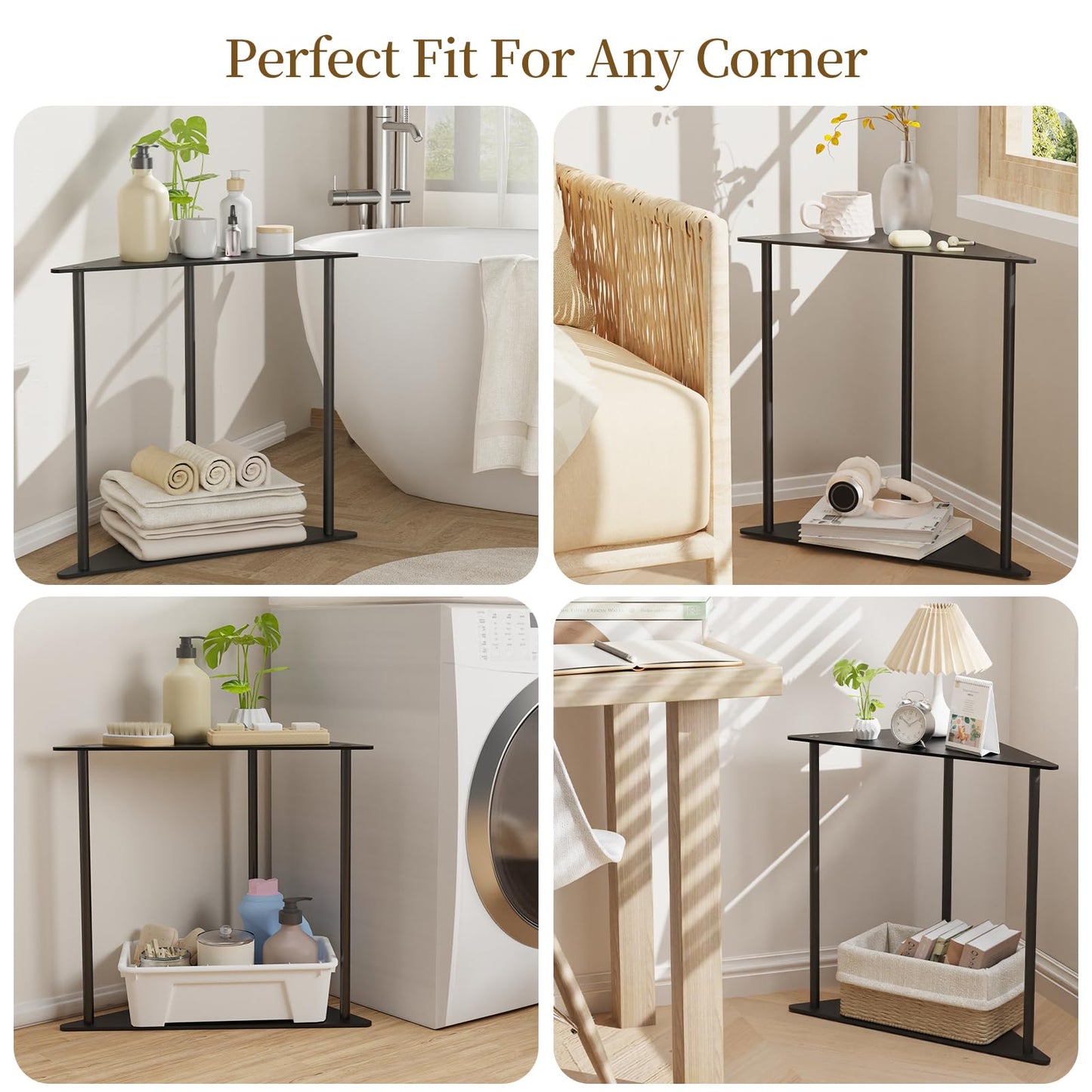 Yawinhe Metal Side Table,Triangle End Table with 2-Tier Storage Shelves,Triangular Nightstand Bedside Table for Small Spaces,Small Triangle Coffee Table for Living Rooms,Bedrooms,Black, SZJ202B-1