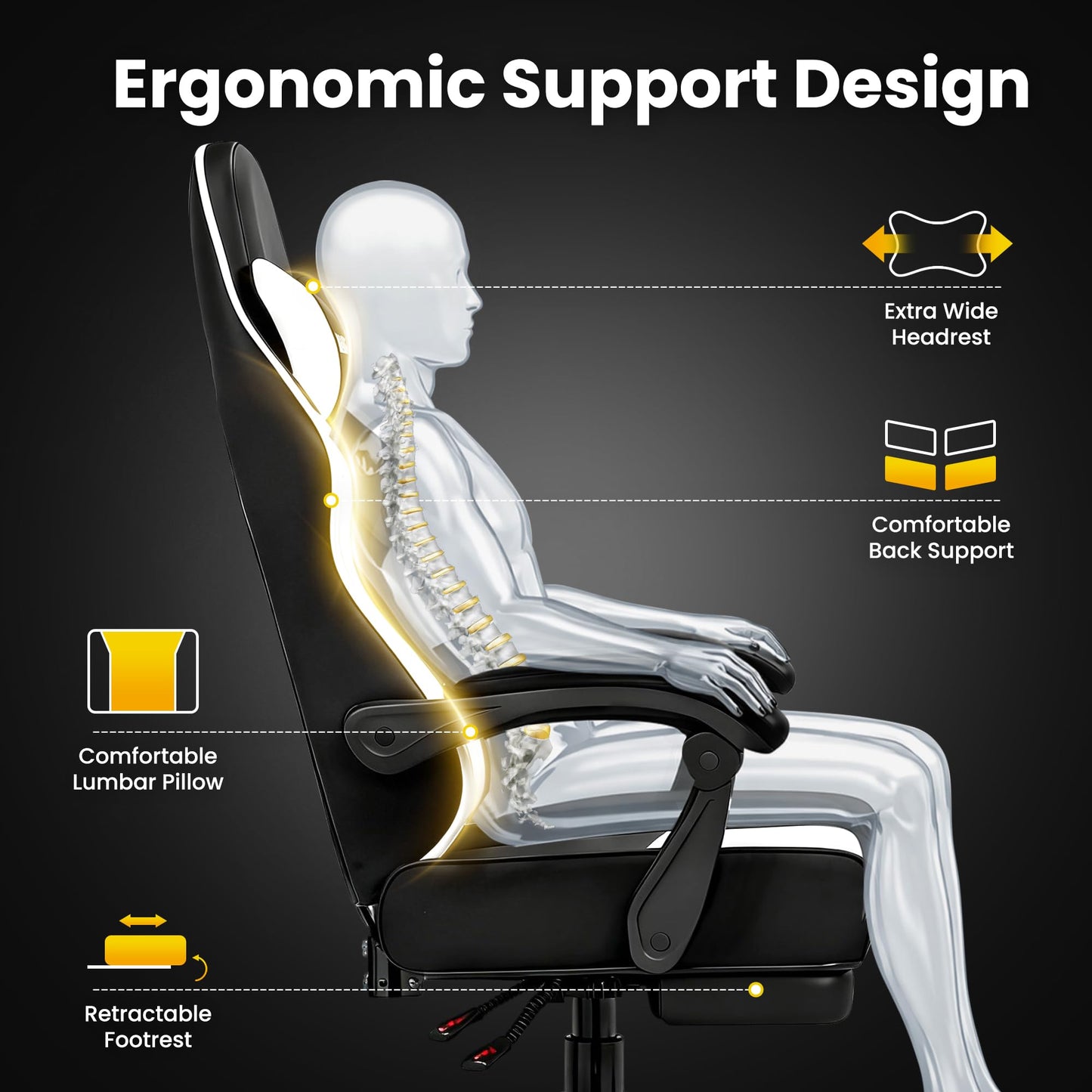 Gaming Chair Gamer Game Ergonomic with Footstool Lumbar Support Deep Black