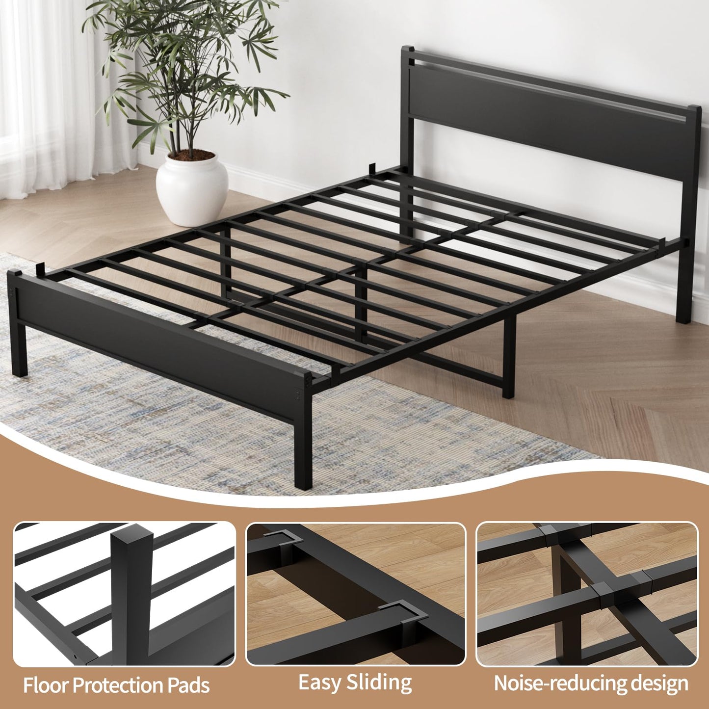 Easy Install 16 Inch Full Size Bed Frame,Metal Platform Bed Frame with Wooden Headboard and Footboard,Mattress Foundation,Large Under Bed Storage,No Box Spring Needed,Non-Slip Without Noise,Black
