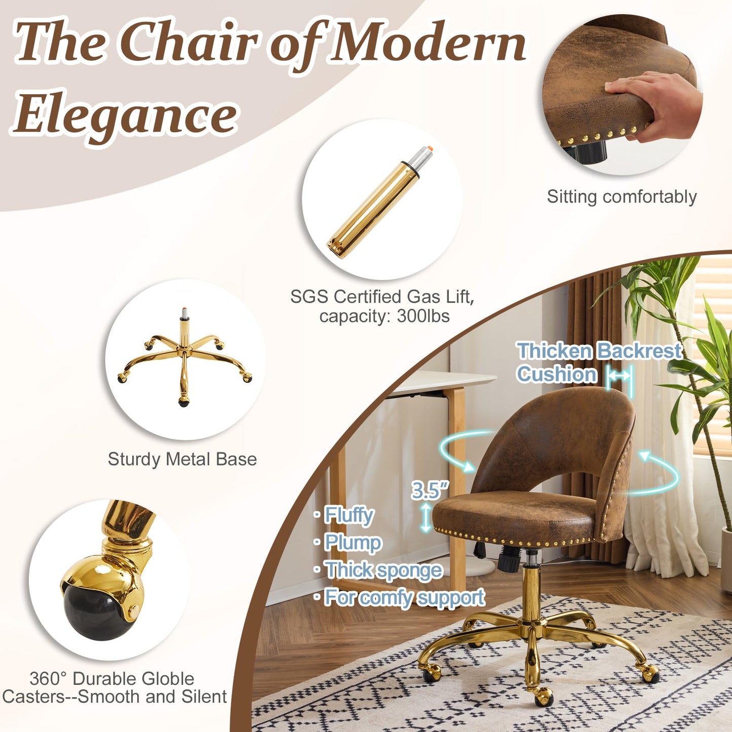 VINGLI Modern Velvet Small Office Chair,Cute Desk Chair with Wheels,Gold Base/Studs, Comfy Armless Swivel Vanity Task Chair for Women/Girl/Kids, Nail Tech Chair for Bedroom,Small Space,Rustic