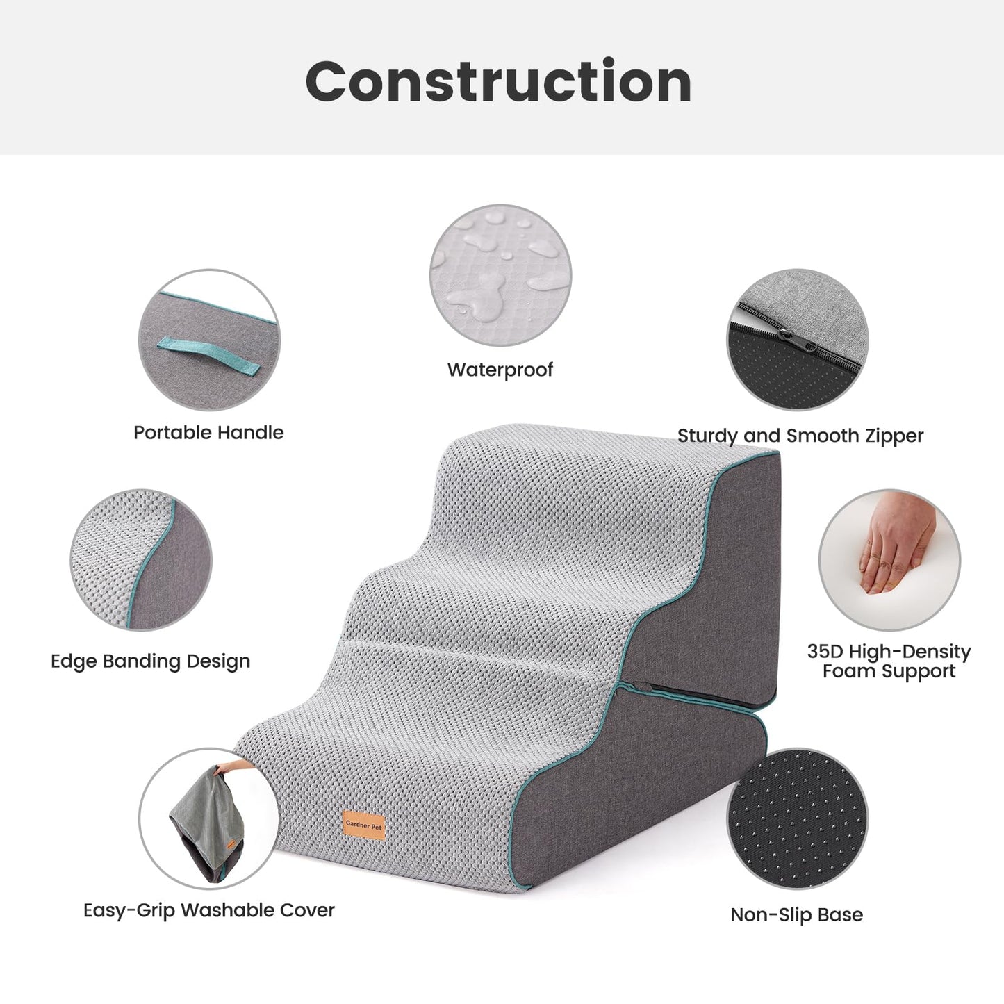 Gardner Pet Dog Stairs for Small Dogs 16.5" H, 2 in 1 Transformable 3-Step Pet Stairs and ramp, Dog Steps for Couch (13-20 in) with Durable Non-Slip Waterproof Cover and CertiPUR-US Certified Foam
