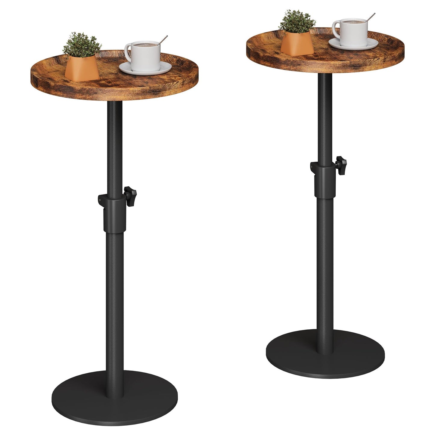 Homeiju Set of 2 Adjustable Round Side Table, Pedestal End Table for Small Spaces, Wooden Couch Table, Tall Drink Table for Living Room, Bedroom, Patio, Brown