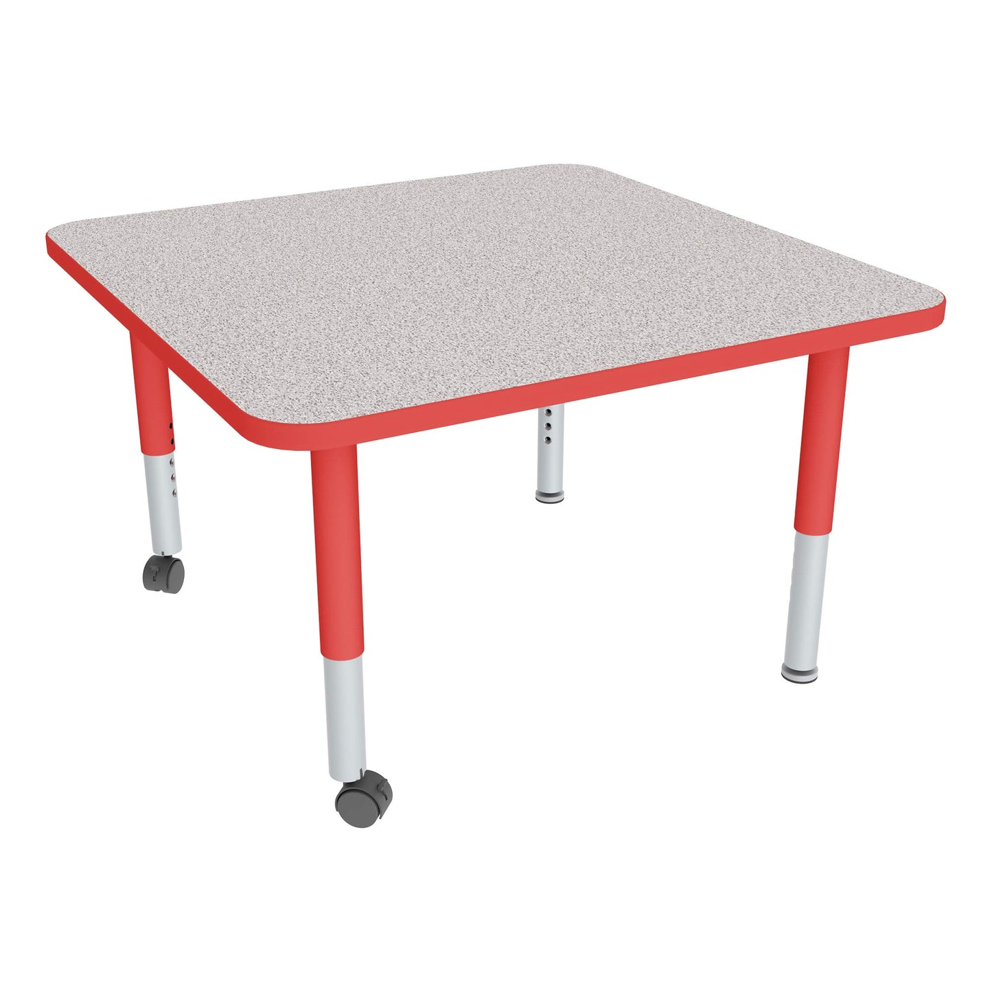 Sprogs Adjustable Height Mobile Classroom Activity Table for Preschools, Square Preschool Activity Table with Casters, 48" D x 48" W x 23" H, Gray/Red