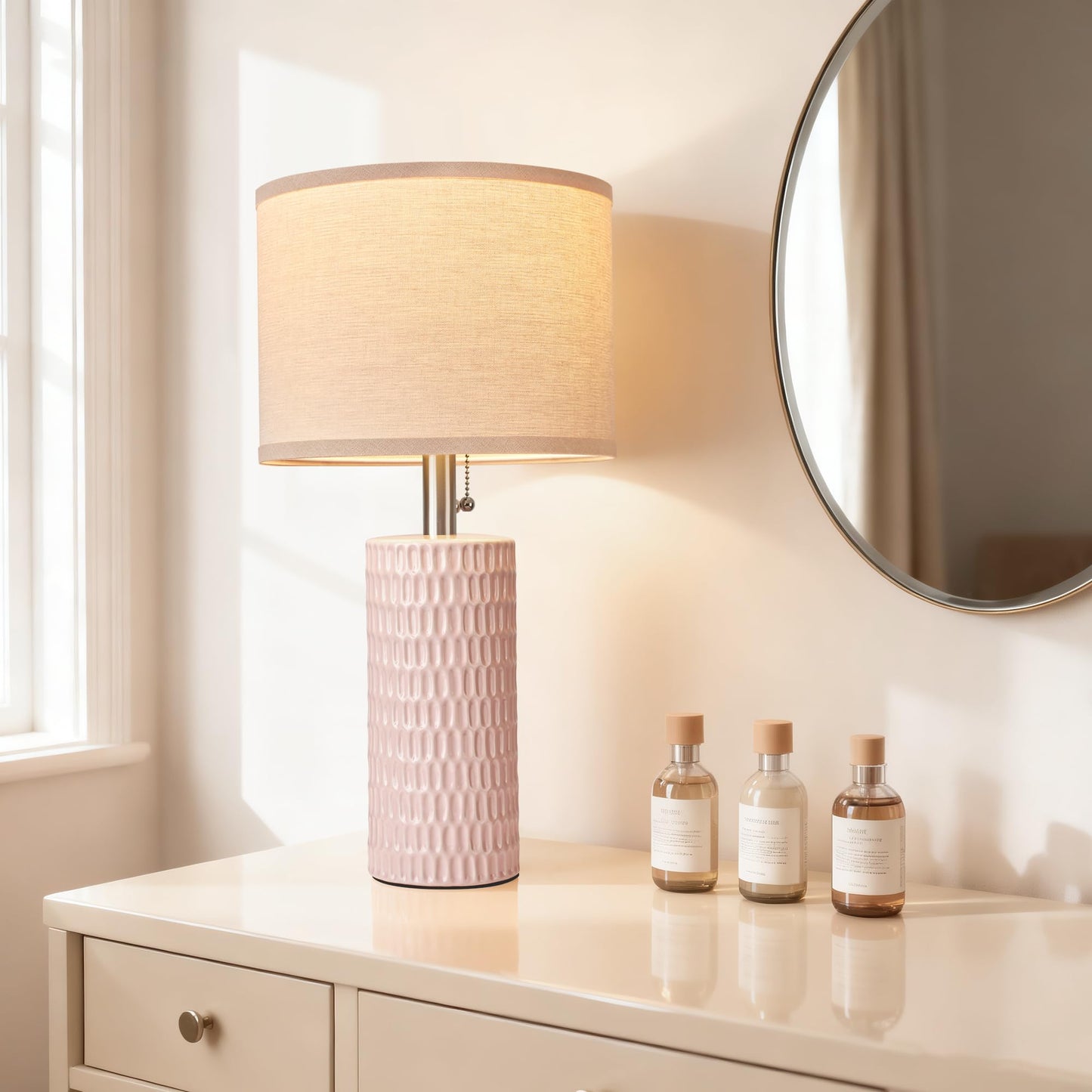 Reaketon 20.5" Modern Ceramic Table Lamps for Bedroom Set of 2, Bedside Lamps for Night Stands with Beige Lampshade, Farmhouse Table Lamp for Living Room Office Dorm, Pink