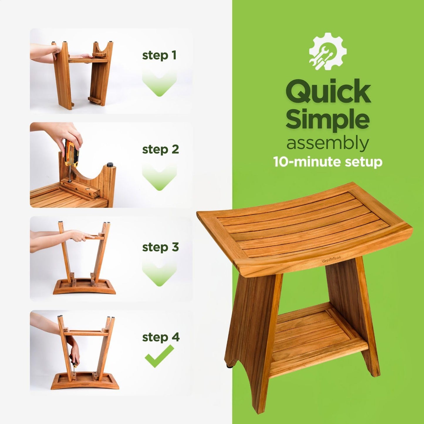 GREENTEAK Premium 18" Teak Wood Shower Bench with Shelf, 2-Tier Waterproof Teak Shower Stool, Non-Slip Feet for Enhanced Safety, Spa Bath Seat for Bathroom, Indoor & Outdoor, 300 lb Capacity (Curved)