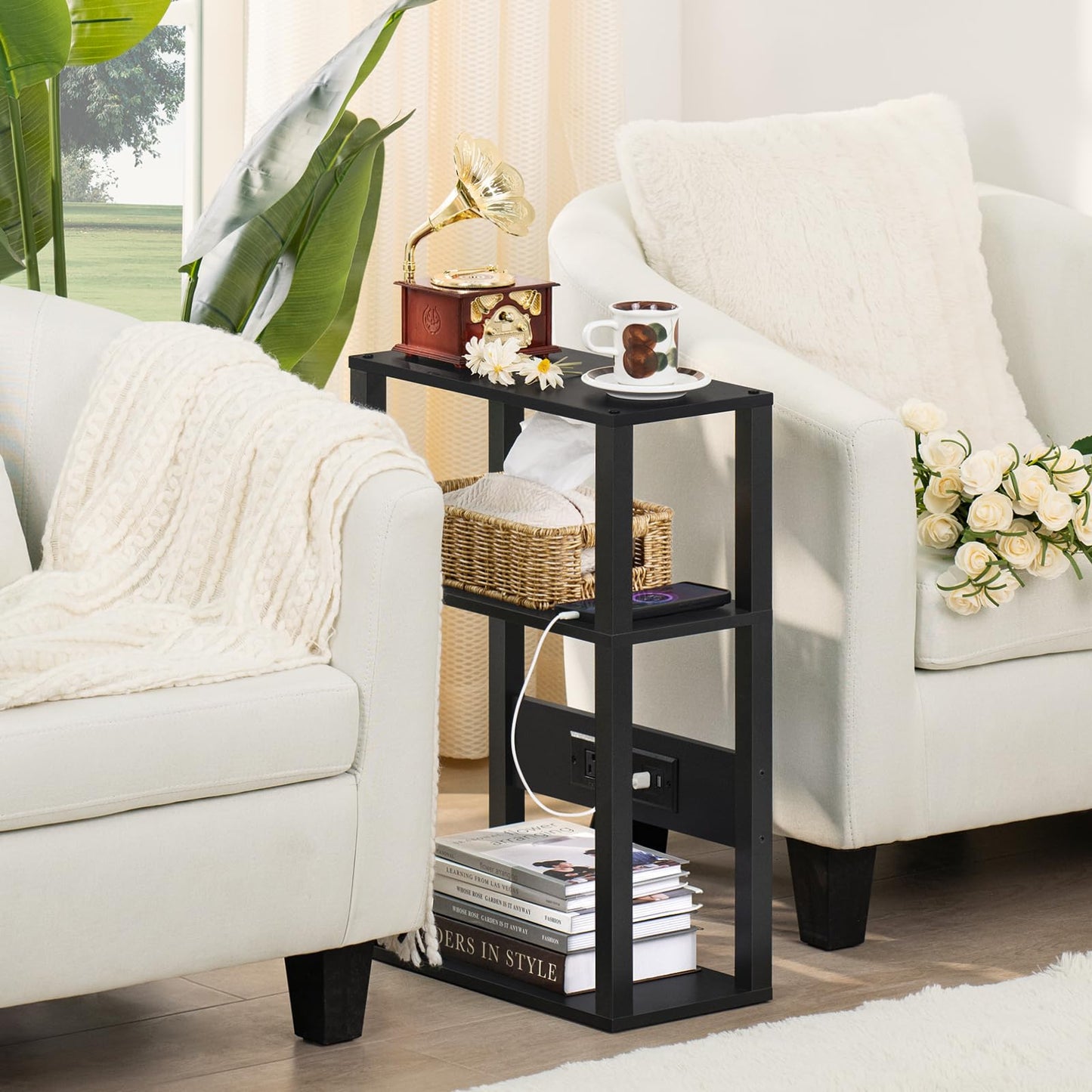 YUFAM 3-Tier Small Narrow Wood Side Table with Charging Station, Skinny Nightstand for Small Space, Slim Bedside Table with Storage for Couch, Thin End Table with USB Ports and Outlets, Black