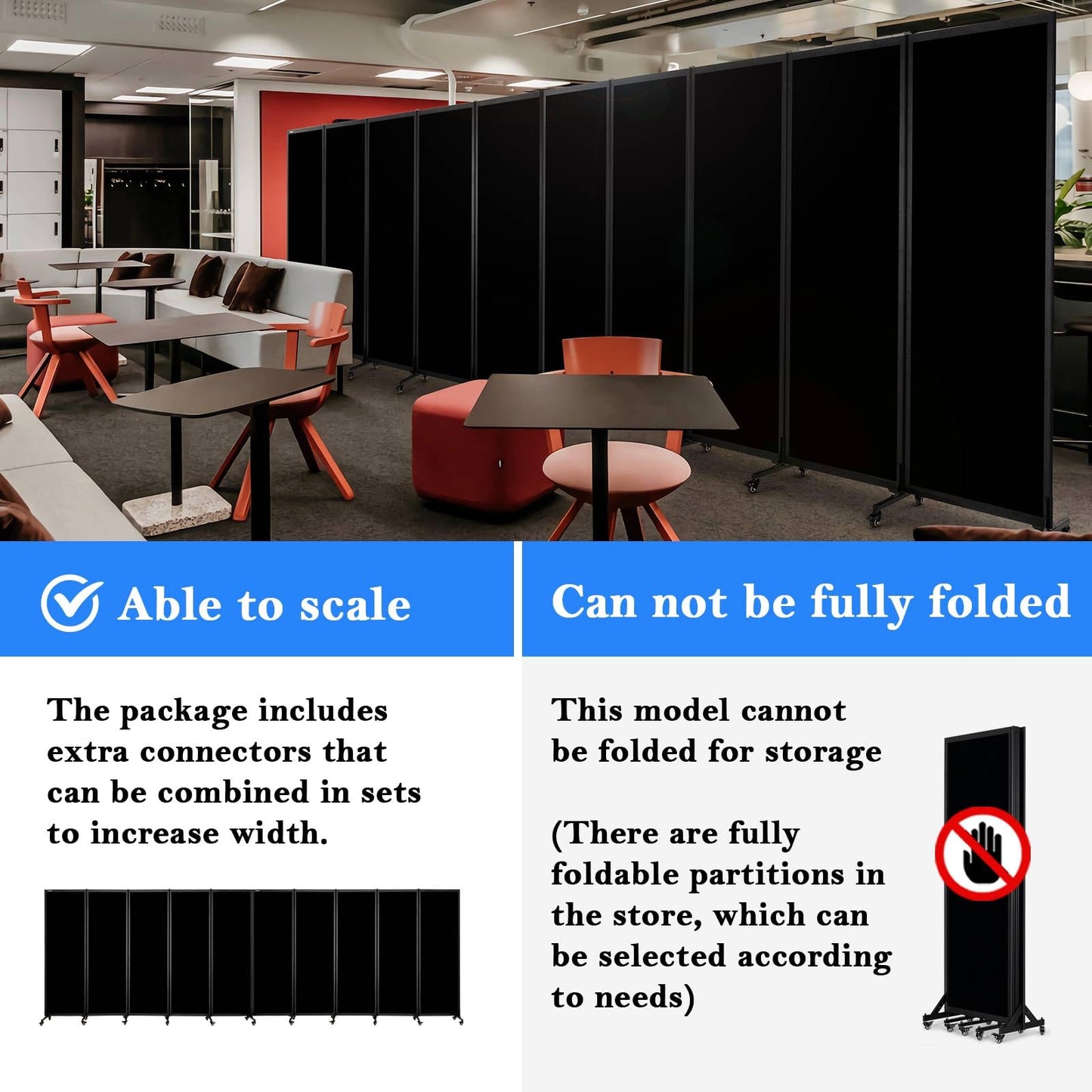 Upgrade Version Room Partition and Divider, Freestanding Rolling Dividers with Wheels,Office Privacy Screen Divider Wall,Classroom Felt Dividers,10'6"L* 6'7"H,5 Panel,Black