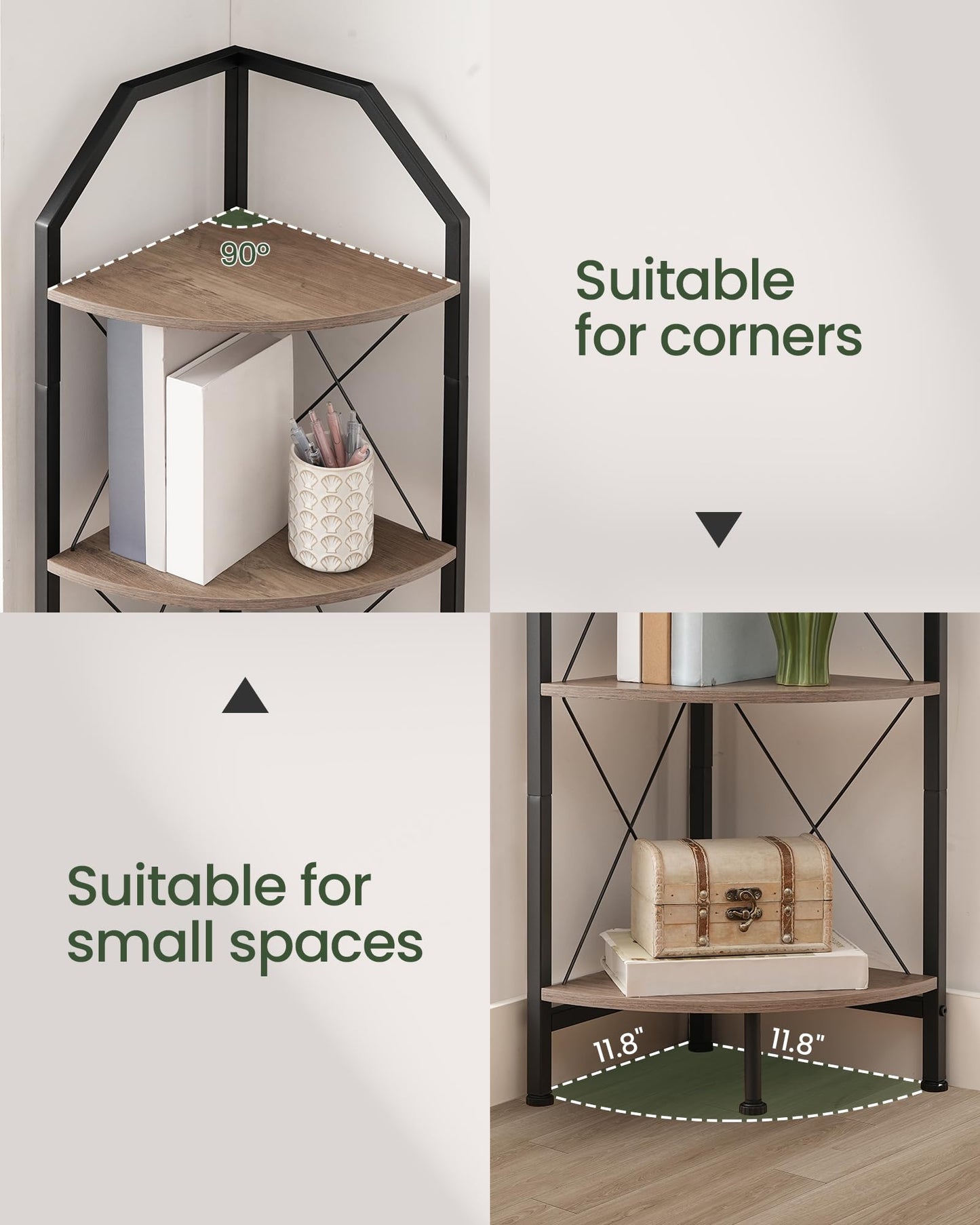 CHOEZON 5-Tier Corner Shelf, Industrial Corner Bookshelf, 59.4" Corner Storage Stand, Plant Stand Display Shelf, Corner Bookcase for Bedroom, Living Room, Home Office, Greige and Black TCJ10BG